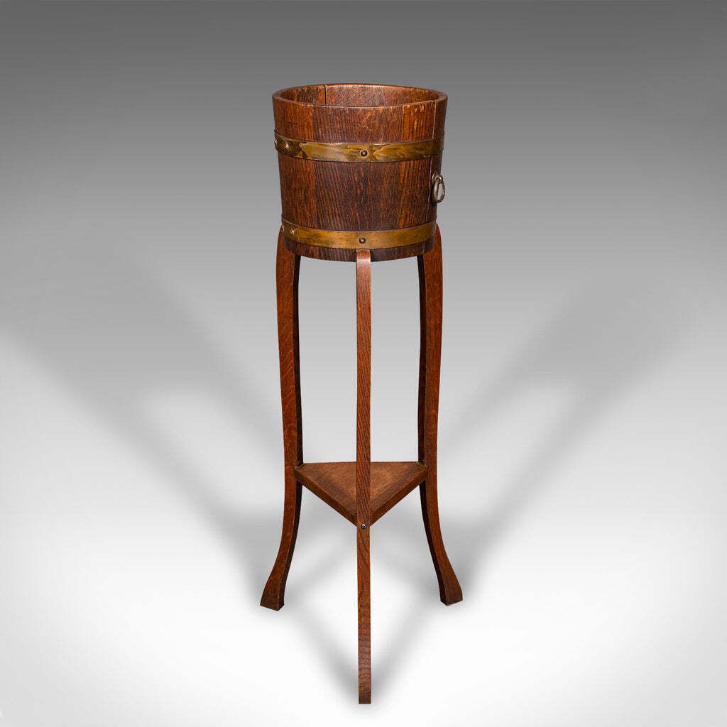 Antique Decorative Jardiniere Stand, English, Coopered Oak, Planter, Circa 1920 photo for sale