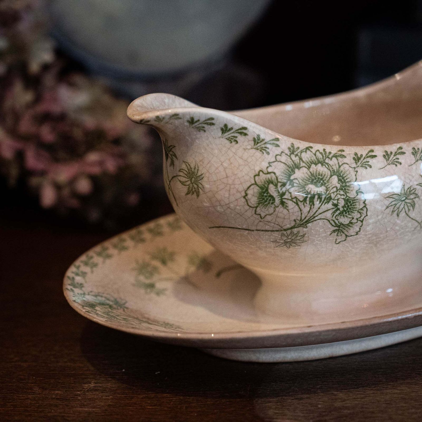 Antique Green Flowery Gravy Boat With Crazing   Sarreguemines   1900s photo Home Decor