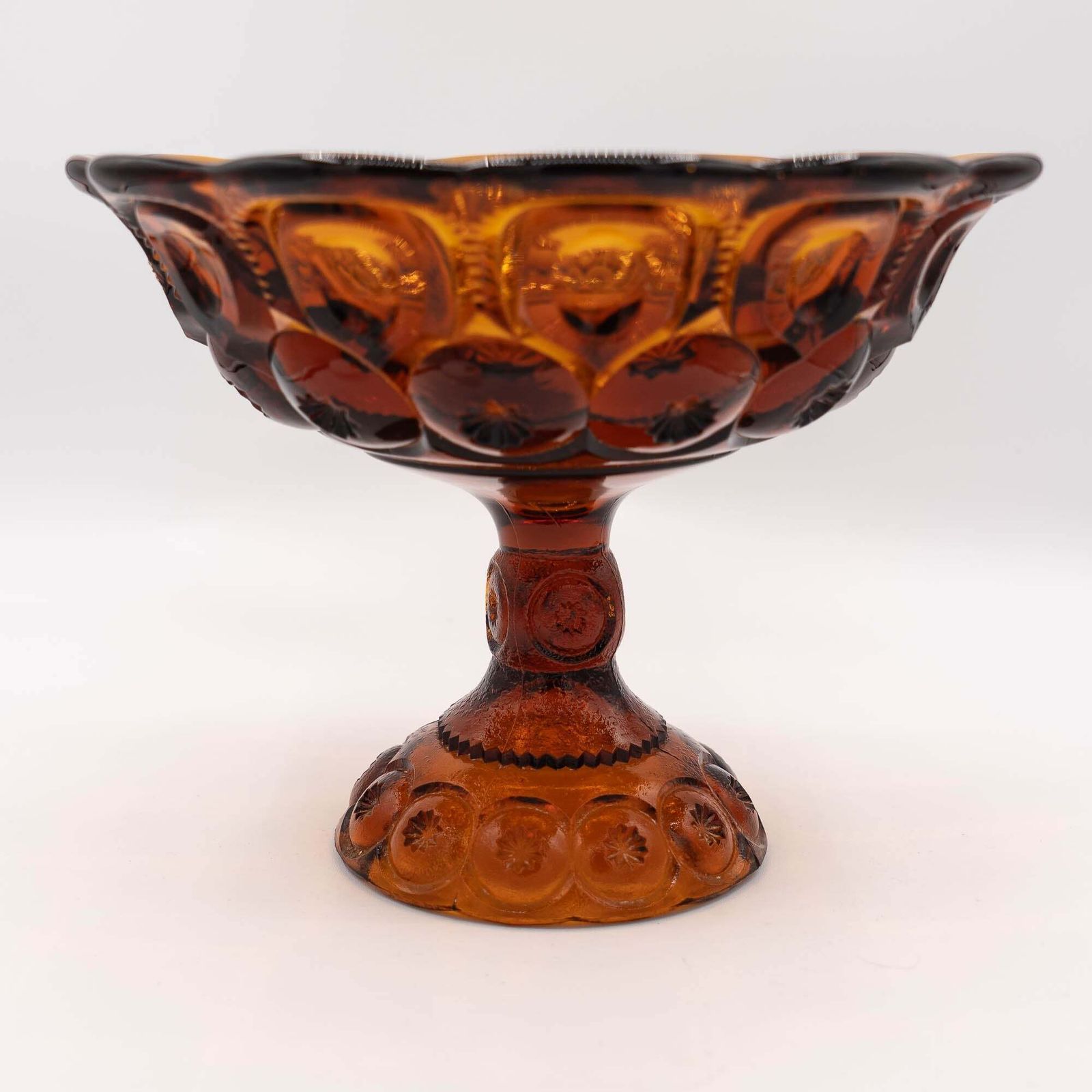 Amber Glass Moon & Stars Pedestal Bowl   Le Smith   C1960s