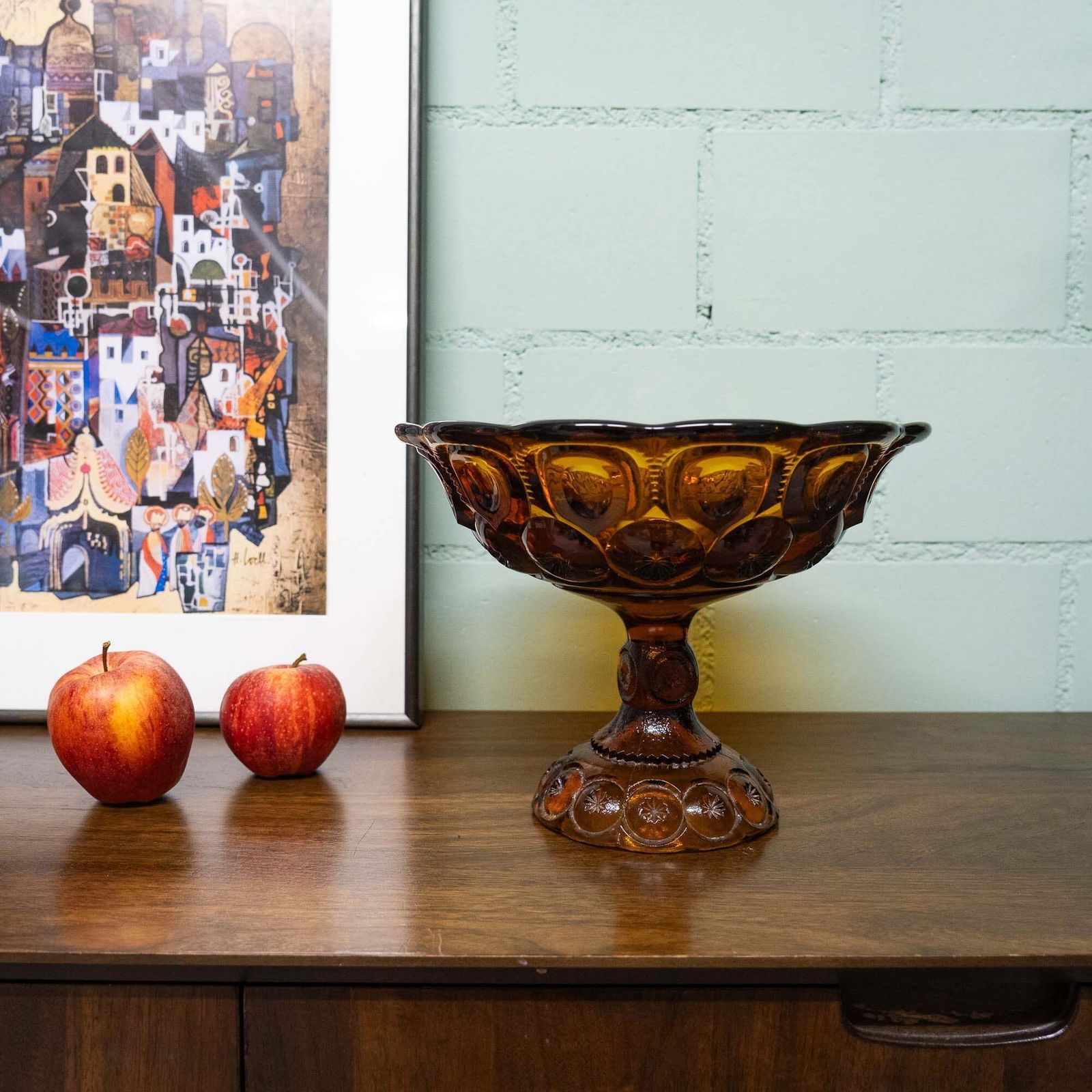 Amber Glass Moon & Stars Pedestal Bowl   Le Smith   C1960s photo furniture