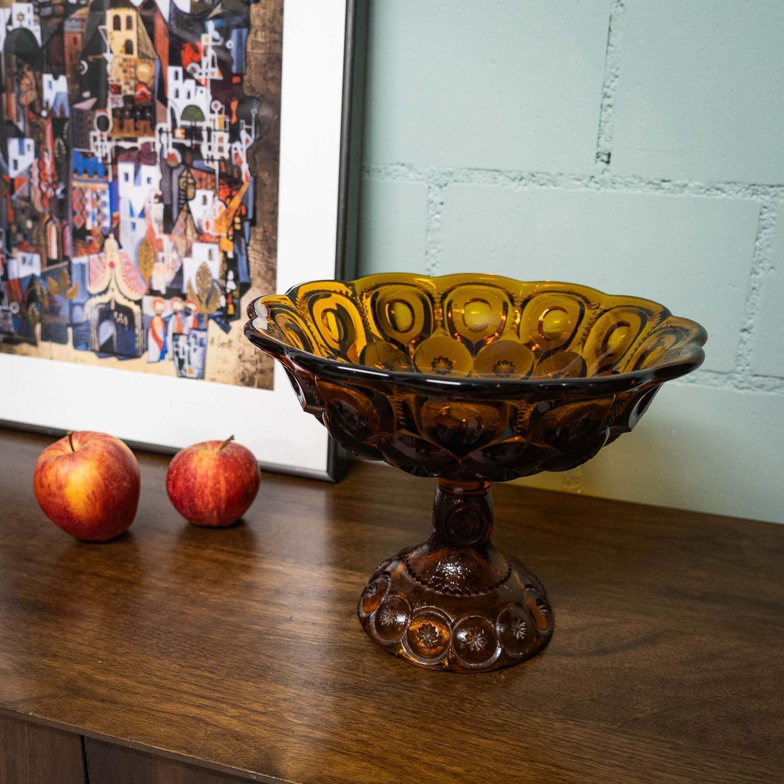 Amber Glass Moon & Stars Pedestal Bowl   Le Smith   C1960s photo Home Decor