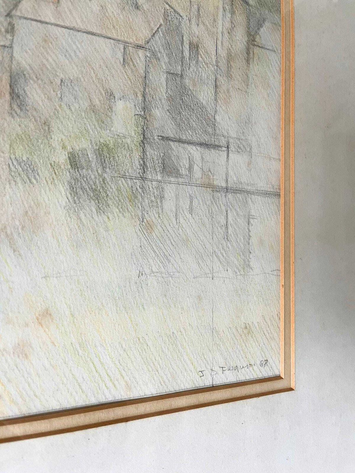 Cityscape Drawing Of Bristol Vintage 20th Century Artwork By John Ferguson, Signed, Framed And Glazed, Realist Cubist photo Art