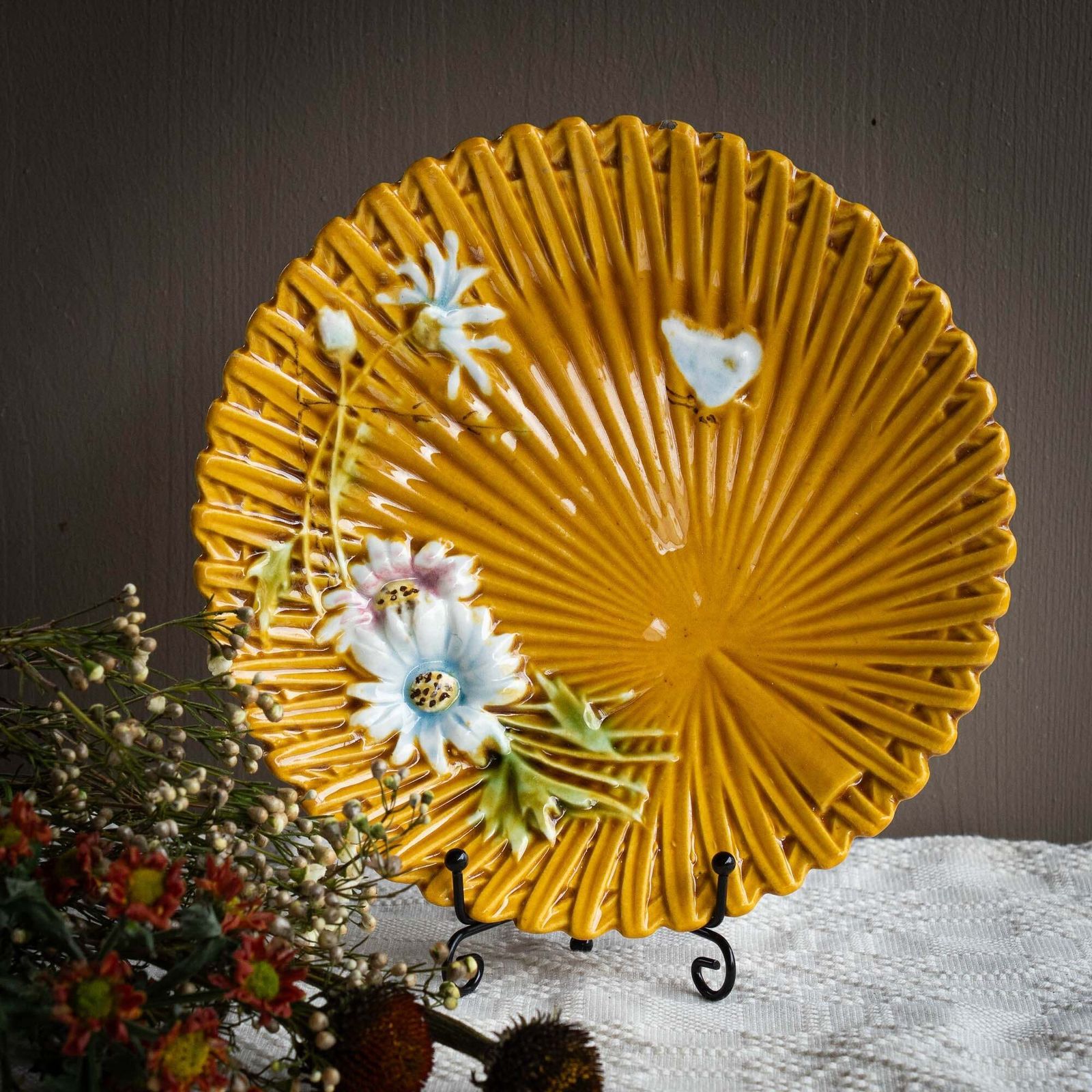 Antique Art Nouveau Yellow Majolica "Marguerite" Plate   Smf Schramberg   1920s photo furniture