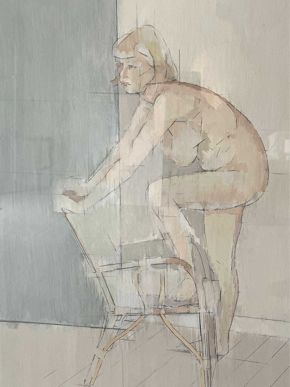Leaning Nude Painting In Realist Style With Muted Colours, 20th Century Original Art, Signed John David Ferguson, Framed And Glazed