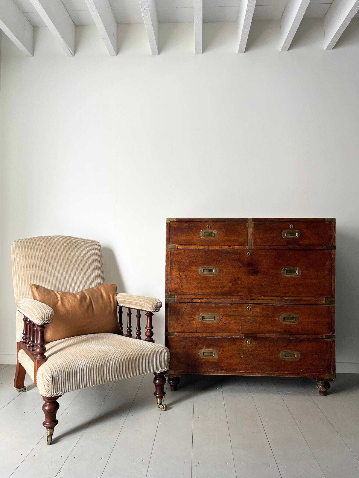 Antique Armchair Howard Style Open Arm Upholstered Gentleman's Chair 19th Century Neutral Beige Cord Fabric And Turned Legs & Brass Castors photo furniture