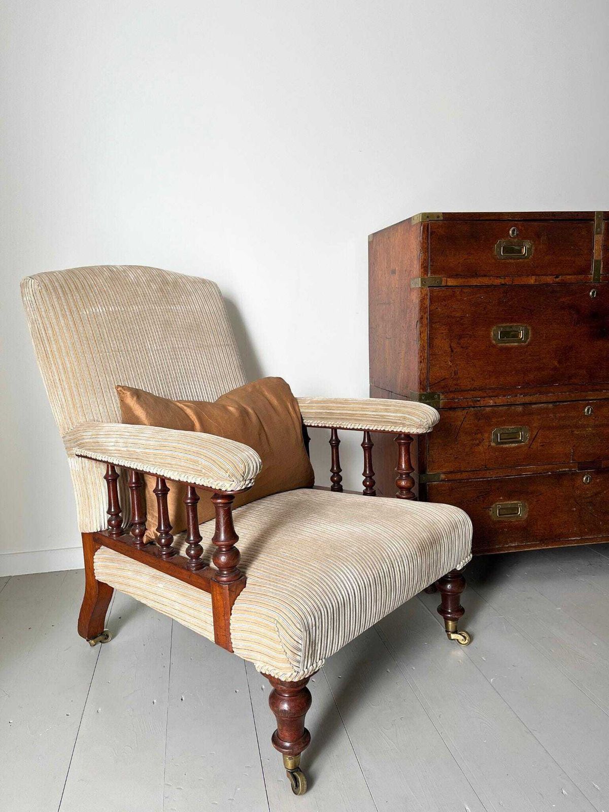 Antique Armchair Howard Style Open Arm Upholstered Gentleman's Chair 19th Century Neutral Beige Cord Fabric And Turned Legs & Brass Castors photo 1950.0
