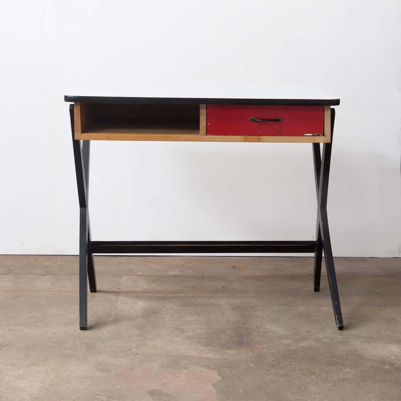 1954, Coen De Vries For Devo Wooden Writing Desk With Red Drawer And Formica Top photo vinterior