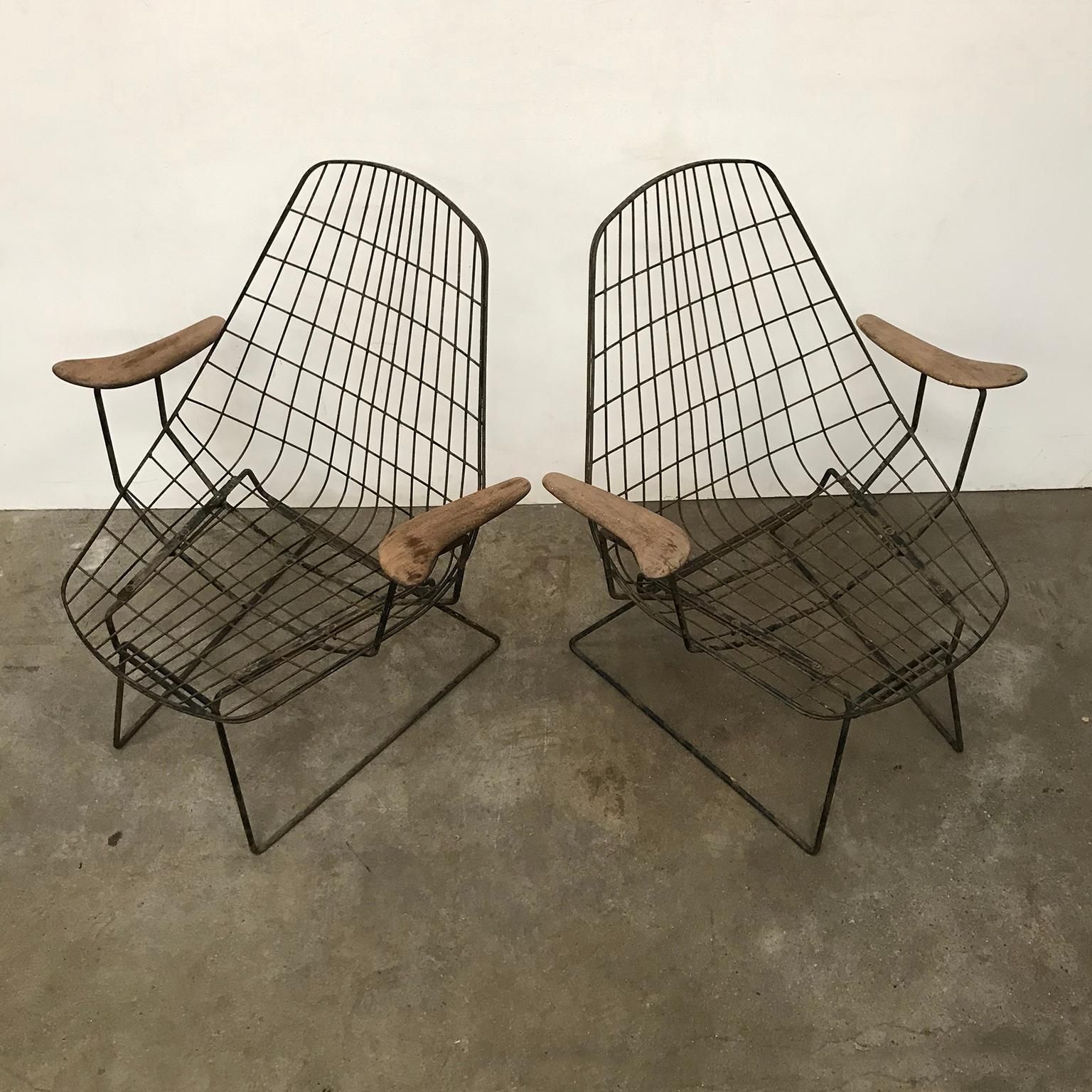 Set Of Two Rare Black Wire Easy Chairs With Wooden Armrests, Circa 1960 photo Furniture
