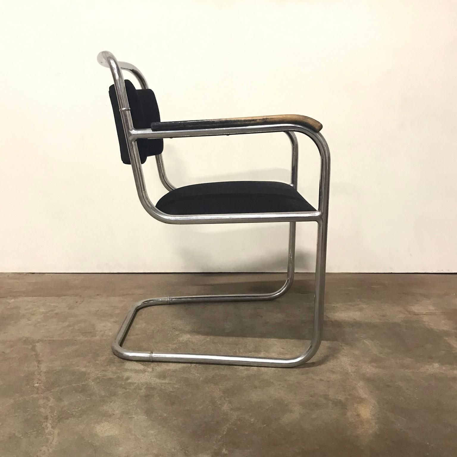 Dutch Design, Set Of Original Tubular Chairs With Black Upholstery, Circa 1930 photo for sale