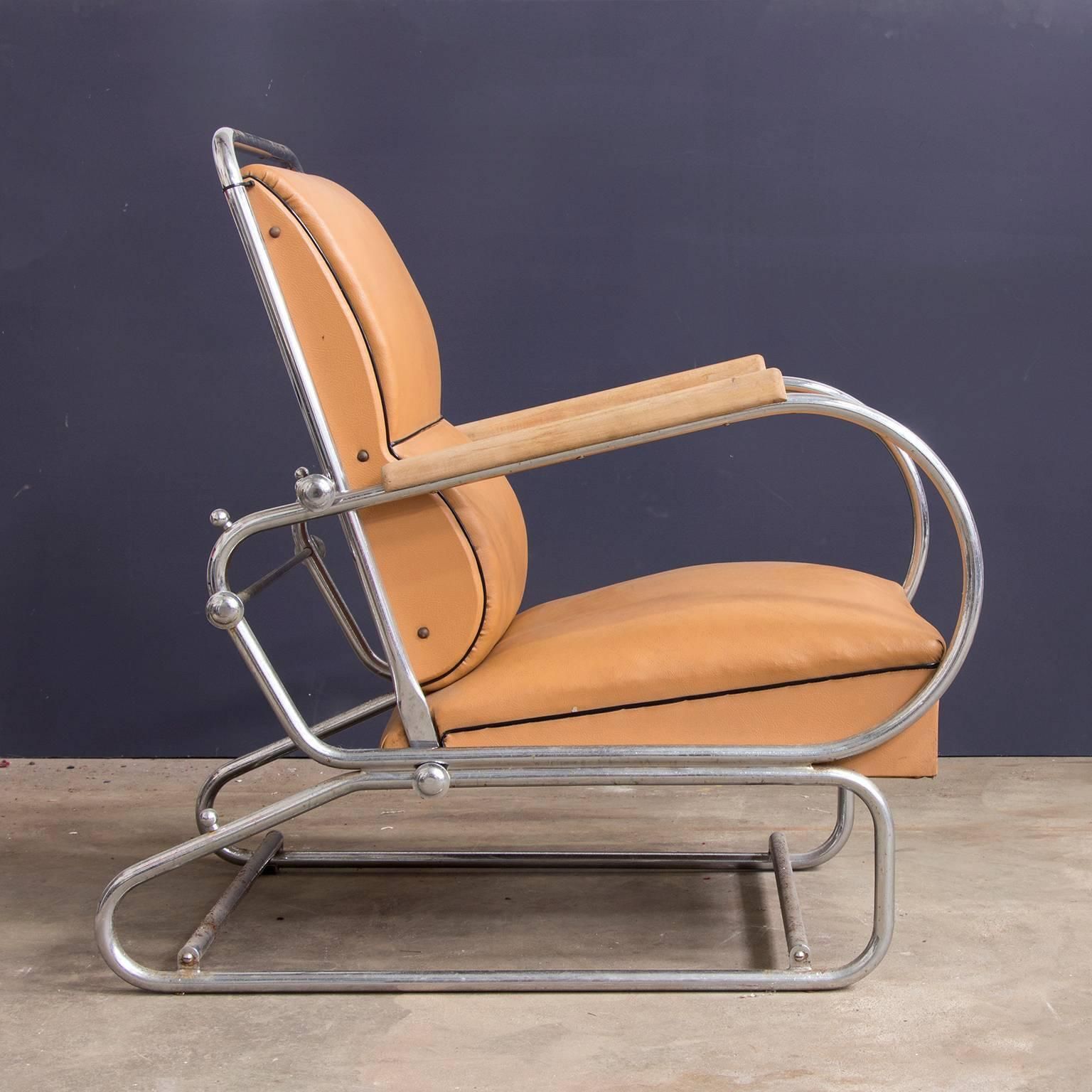 Adjustable Tubular Easy Chair In Original Leather + Wooden Armrests, Circa 1930 photo furniture