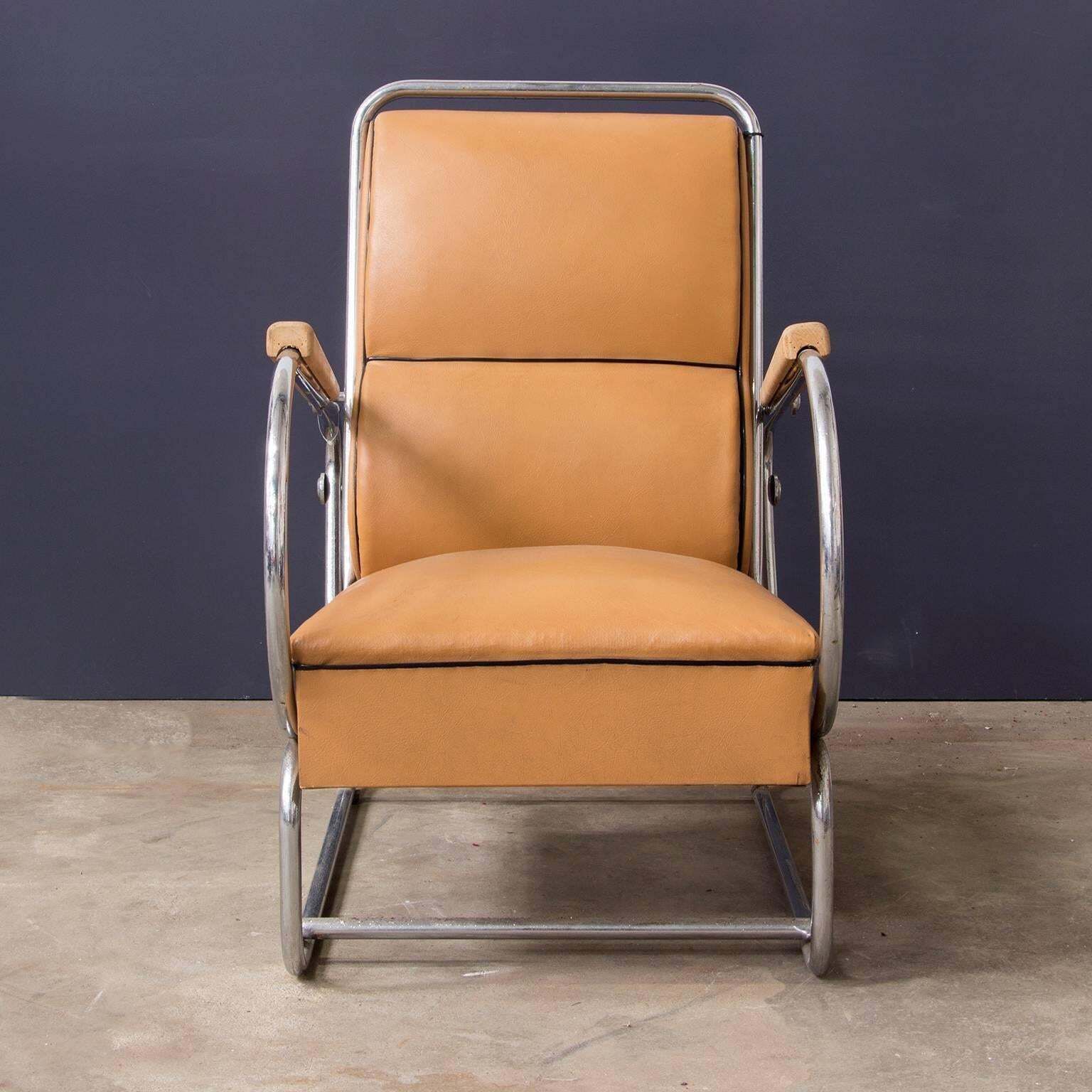 Adjustable Tubular Easy Chair In Original Leather + Wooden Armrests, Circa 1930 photo buy