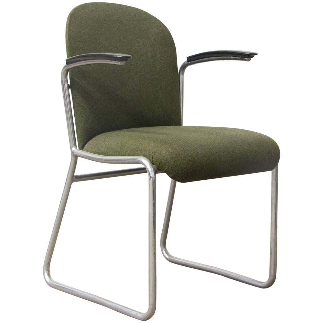 1935 W.H. Gispen For Gispen, Rare Framed 413r Side Chair, Original Green Fabric