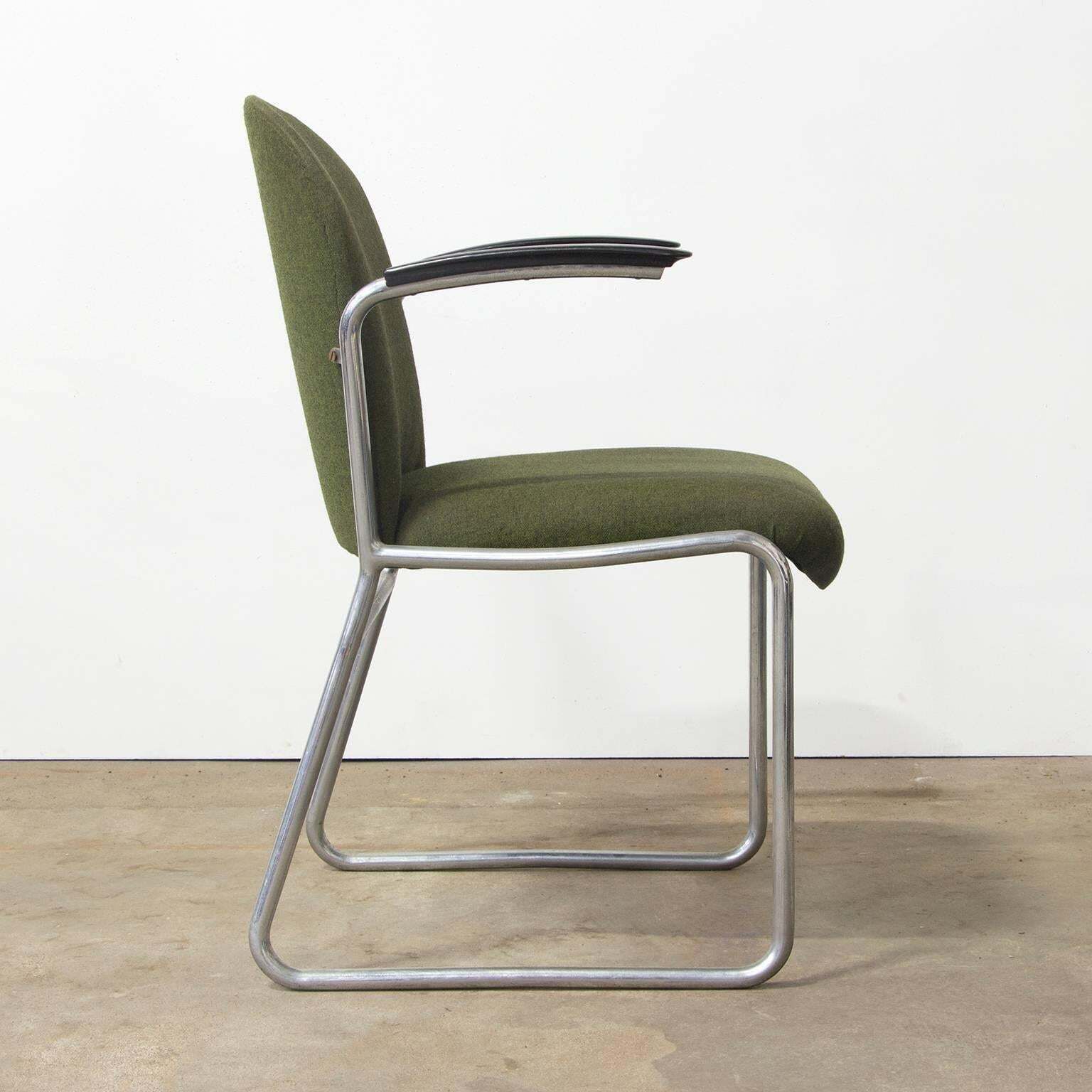 1935 W.H. Gispen For Gispen, Rare Framed 413r Side Chair, Original Green Fabric photo furniture