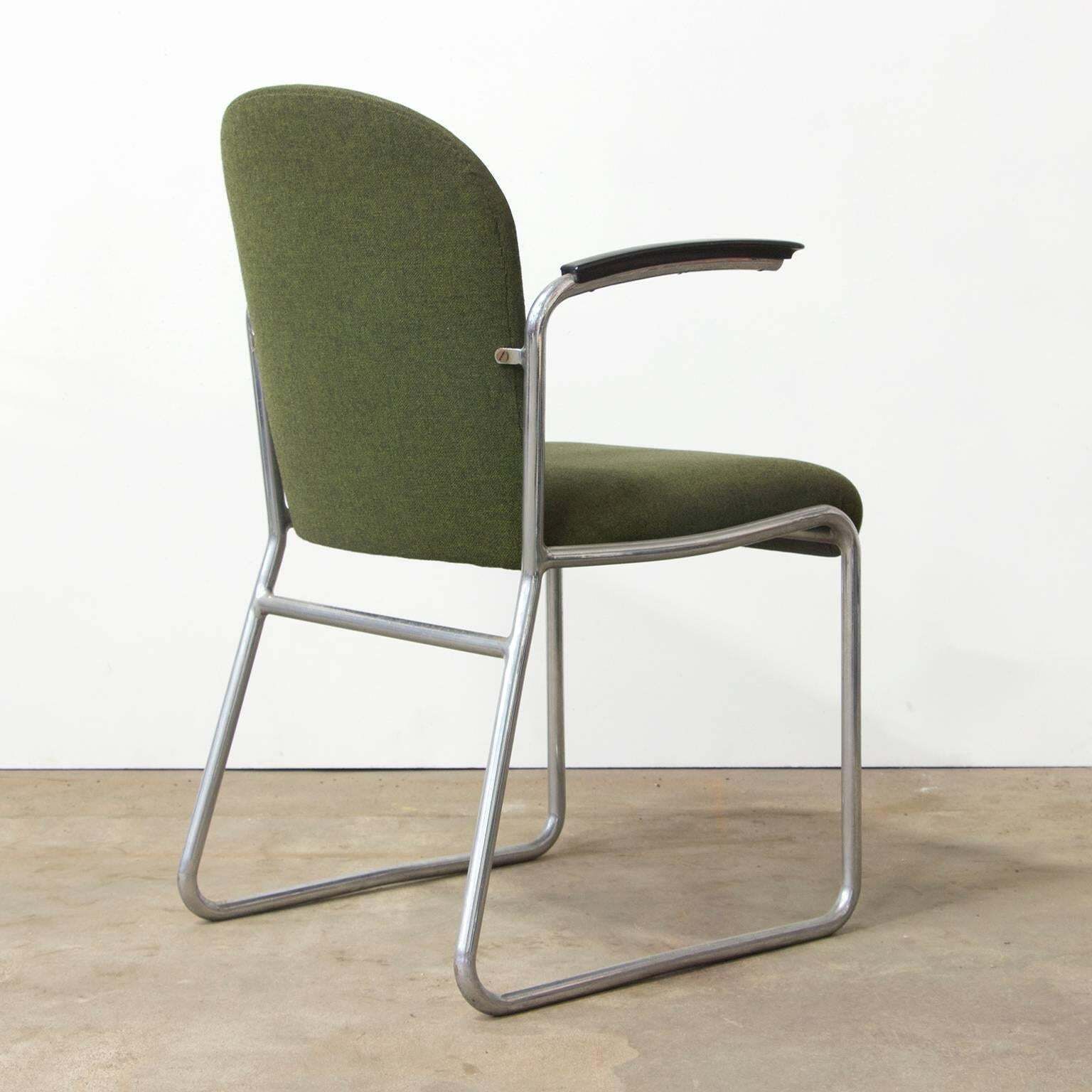 1935 W.H. Gispen For Gispen, Rare Framed 413r Side Chair, Original Green Fabric photo for sale