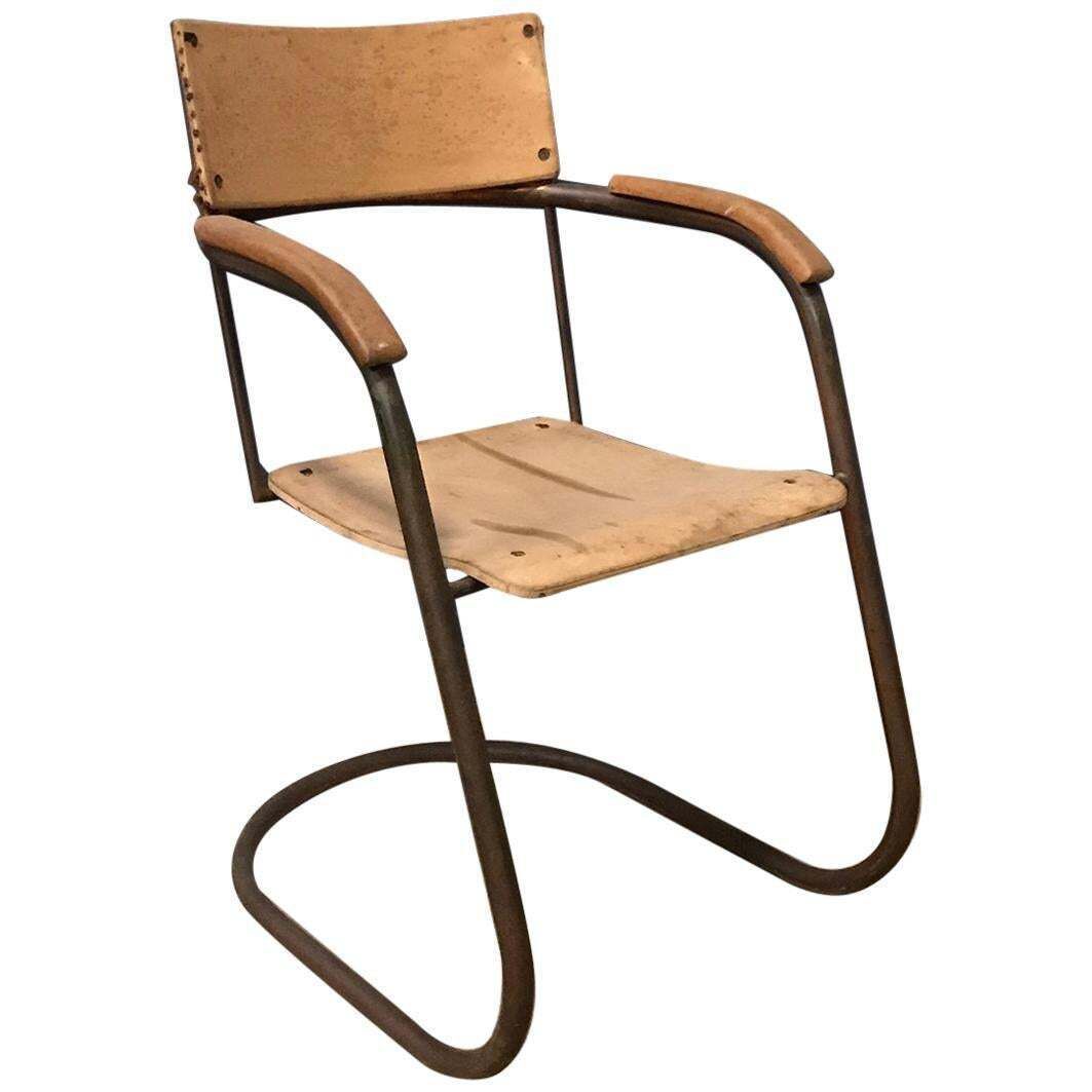 Paul Schuitema Tube Chair, Original In Copper And Upholstered Wood, Circa 1930