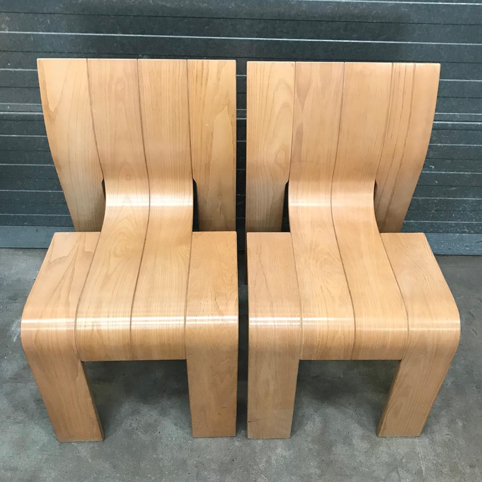 photo for sale 1974, Gijs Bakker For Castelijn, Set Of Stackable Bended Wood Strip Chairs