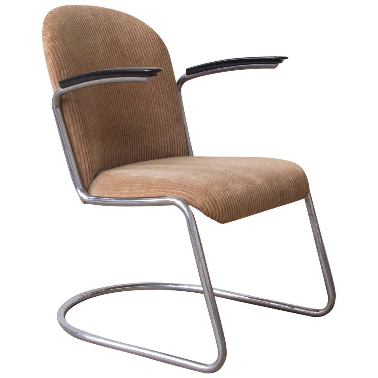 1935, W.H. Gispen By Gispen Culemborg 413 Easy Chair In Original Corduroi Fabric