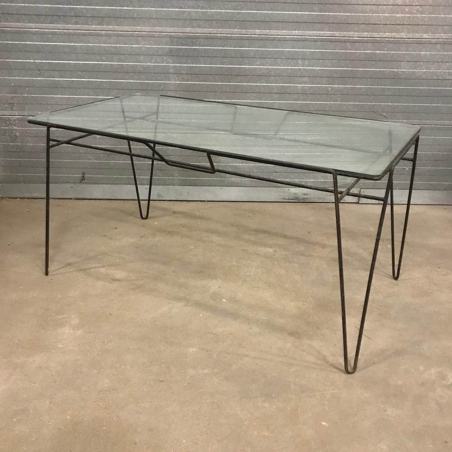 Super Elegant Dining Table, Black Metal Hairpin Legs And Glass Top, Circa 1960 photo for sale
