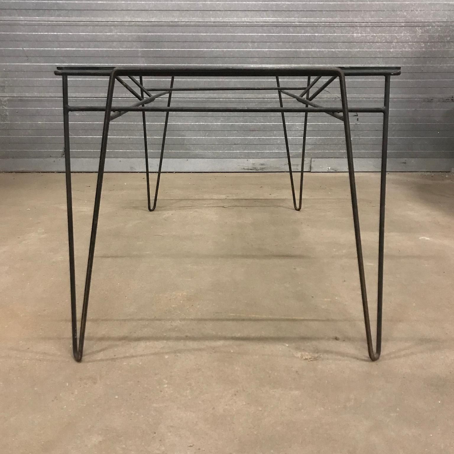 Super Elegant Dining Table, Black Metal Hairpin Legs And Glass Top, Circa 1960 photo vintage