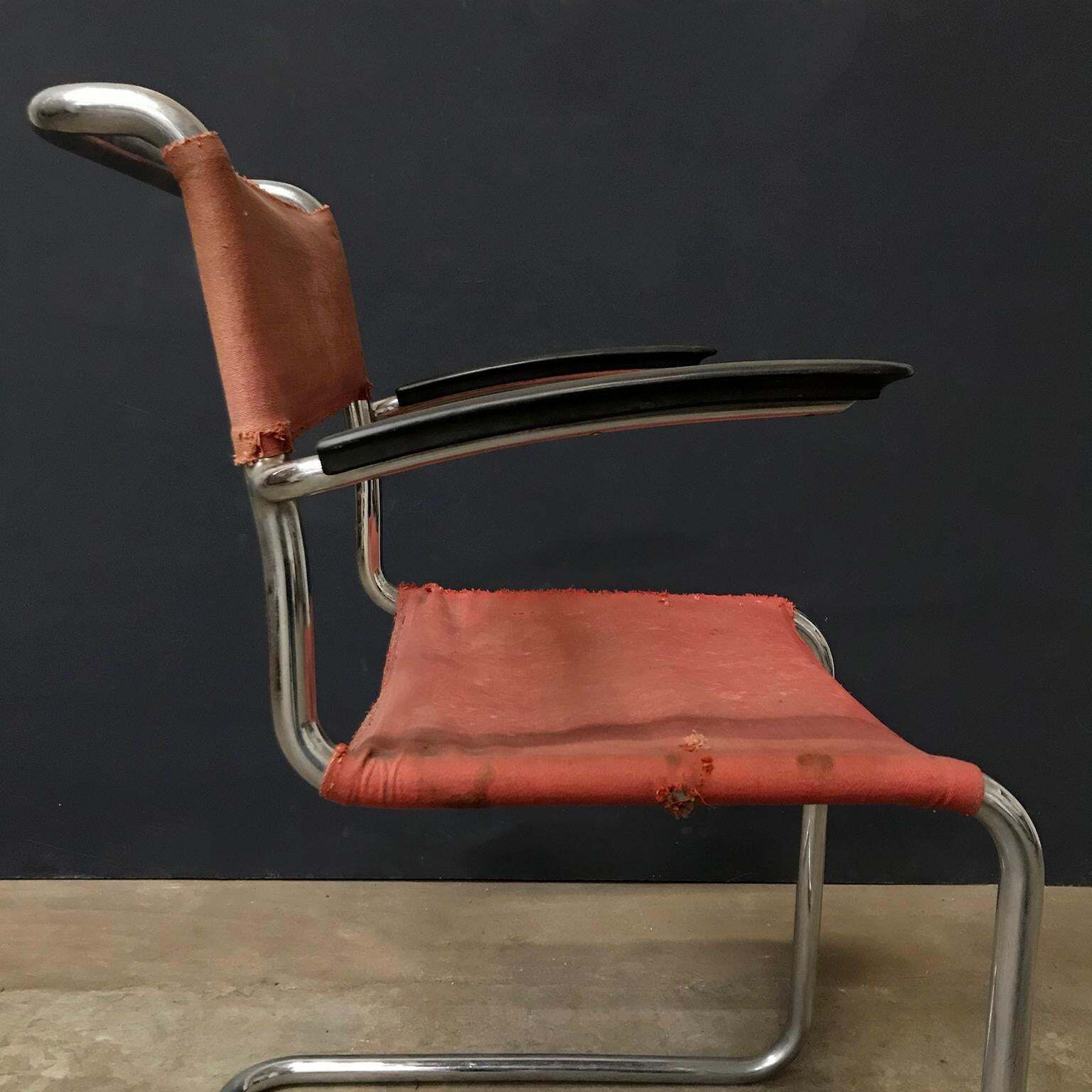 photo furniture 1930, W.H. Gispen, For Gispen Culemborg, Dining Chair No. 204 In Red Canvas