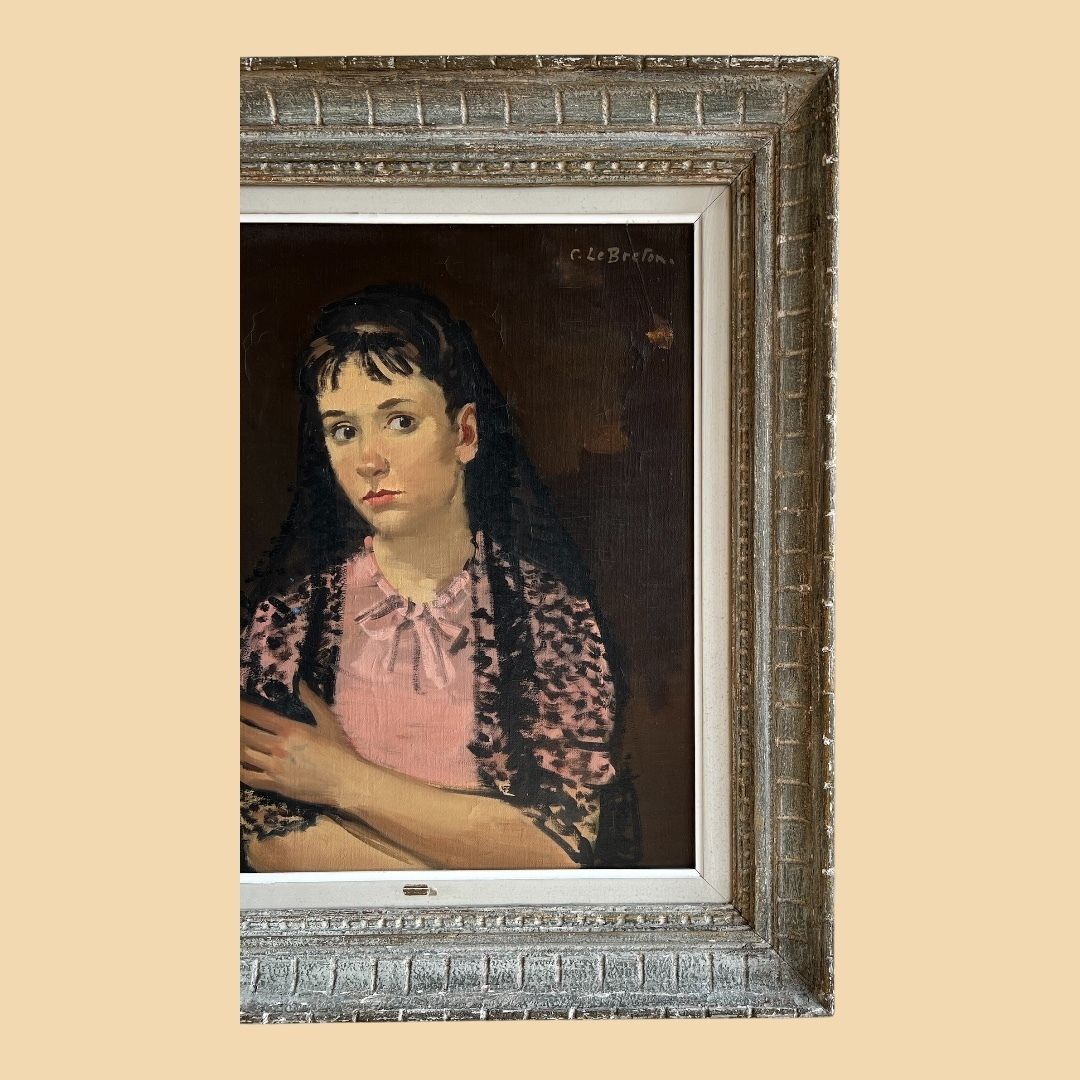 Portrait Of A Girl With Lace Scarf, Oil On Canvas Large Portrait Painting photo furniture