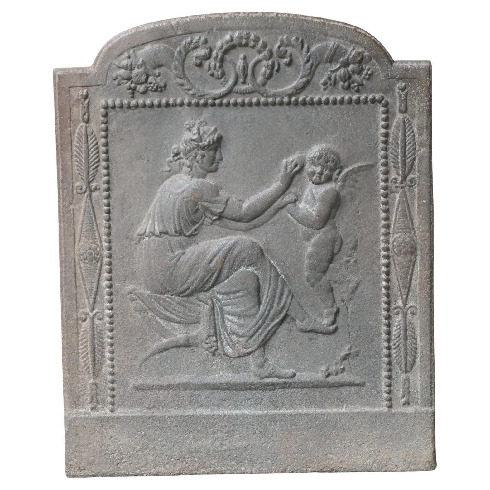 Small French Neoclassical Period 'Woman With Cupid' Fireback / Backsplash