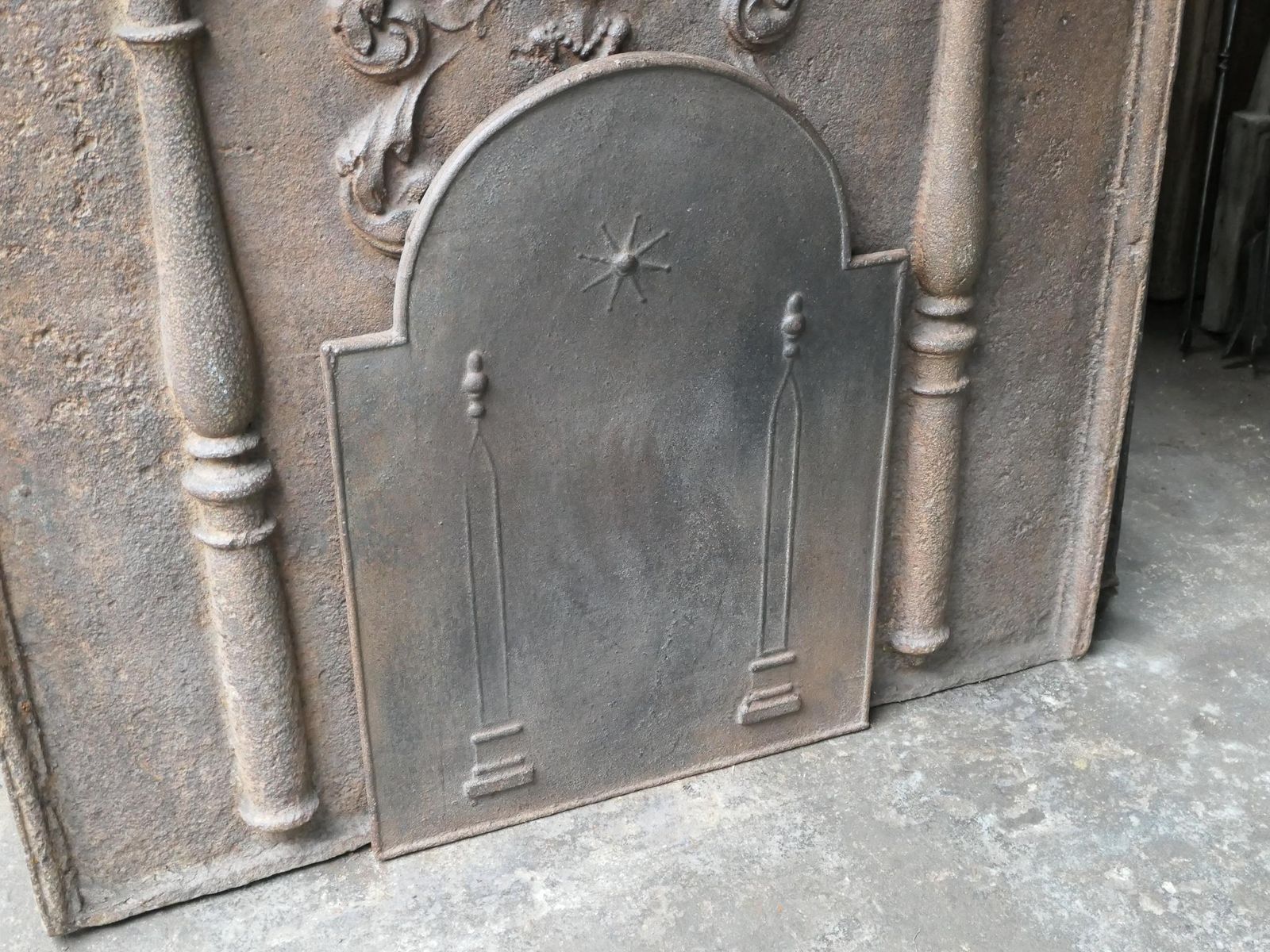 Antique French Neoclassical 'Pillars Of Freedom' Fireback / Backsplash photo for sale