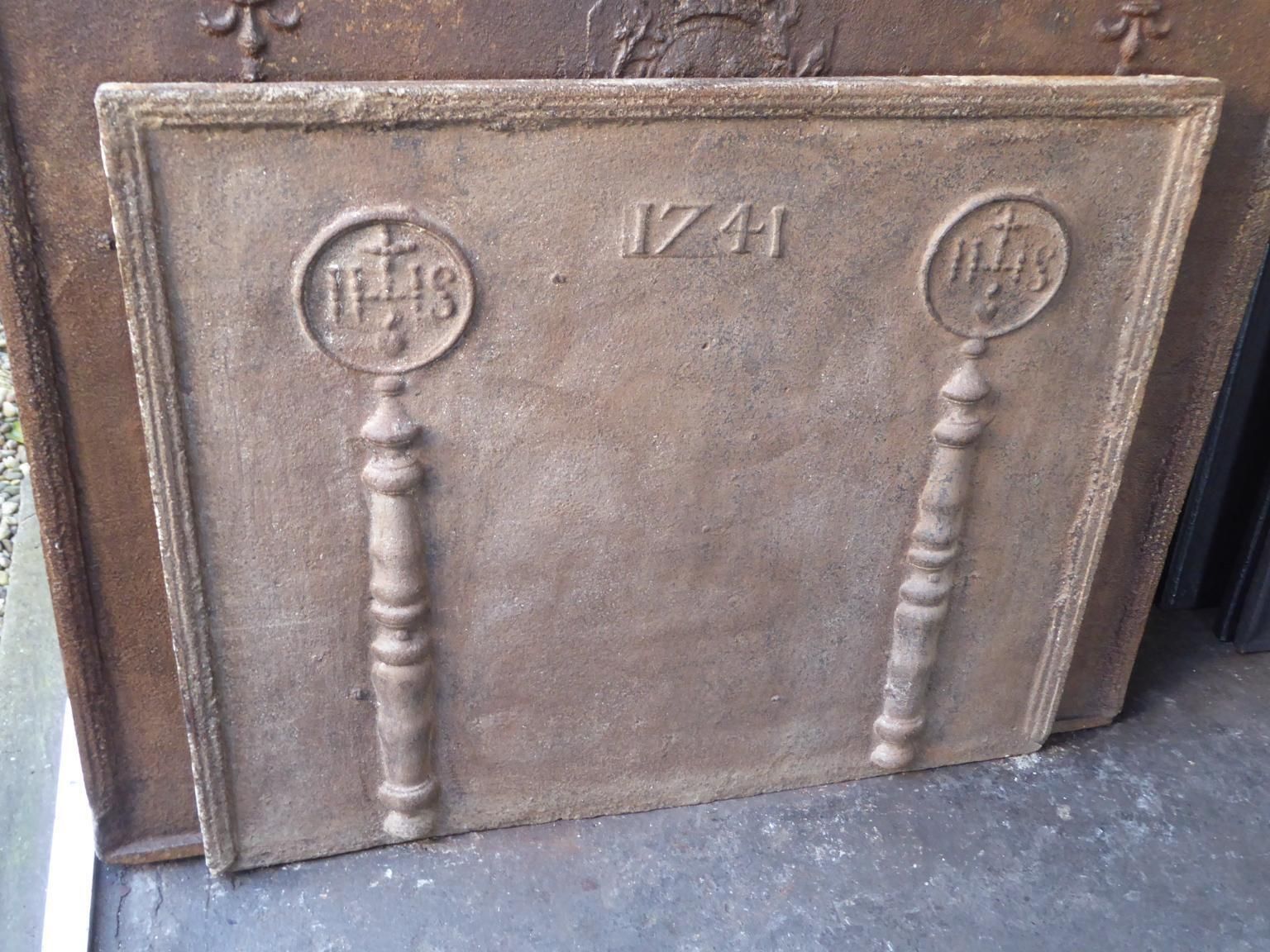 18th Century French Fireback / Backsplash 'Pillars With Medieval Ihs Monograms' photo for sale
