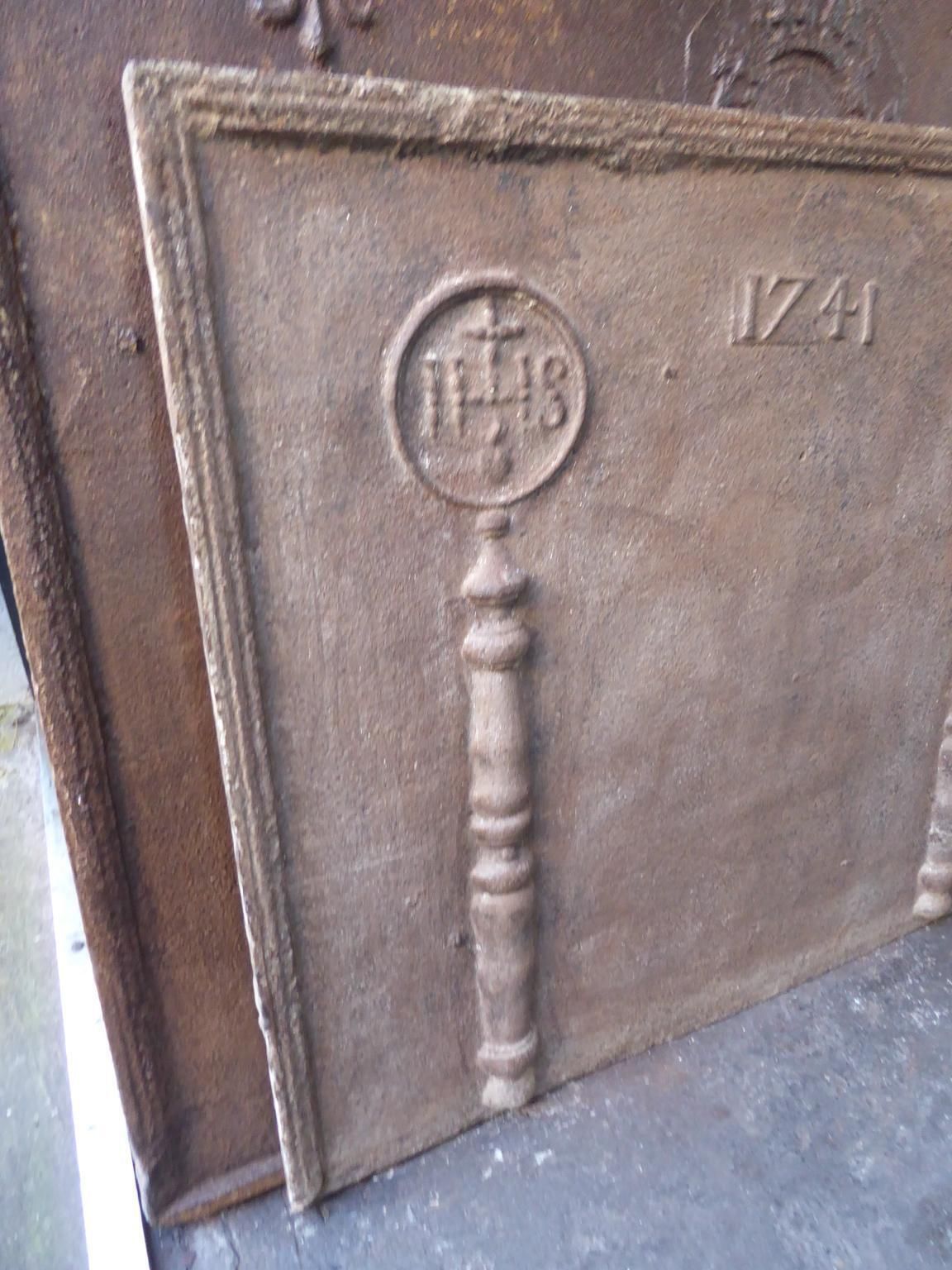 18th Century French Fireback / Backsplash 'Pillars With Medieval Ihs Monograms' photo vintage