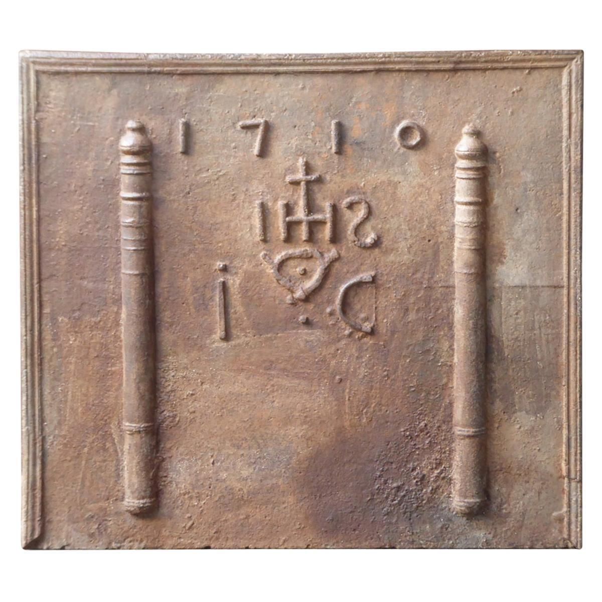 18th Century French Fireback / Backsplash 'Pillars With Medieval Ihs Monogram'