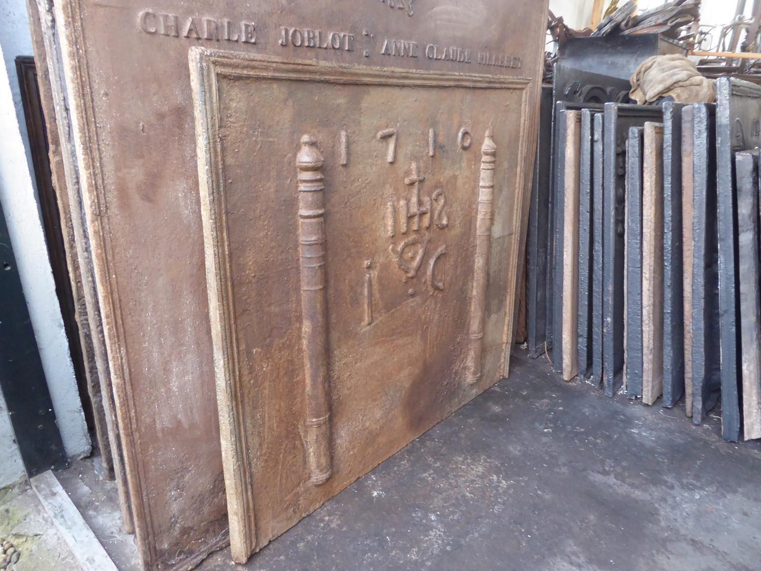 photo for sale 18th Century French Fireback / Backsplash 'Pillars With Medieval Ihs Monogram'