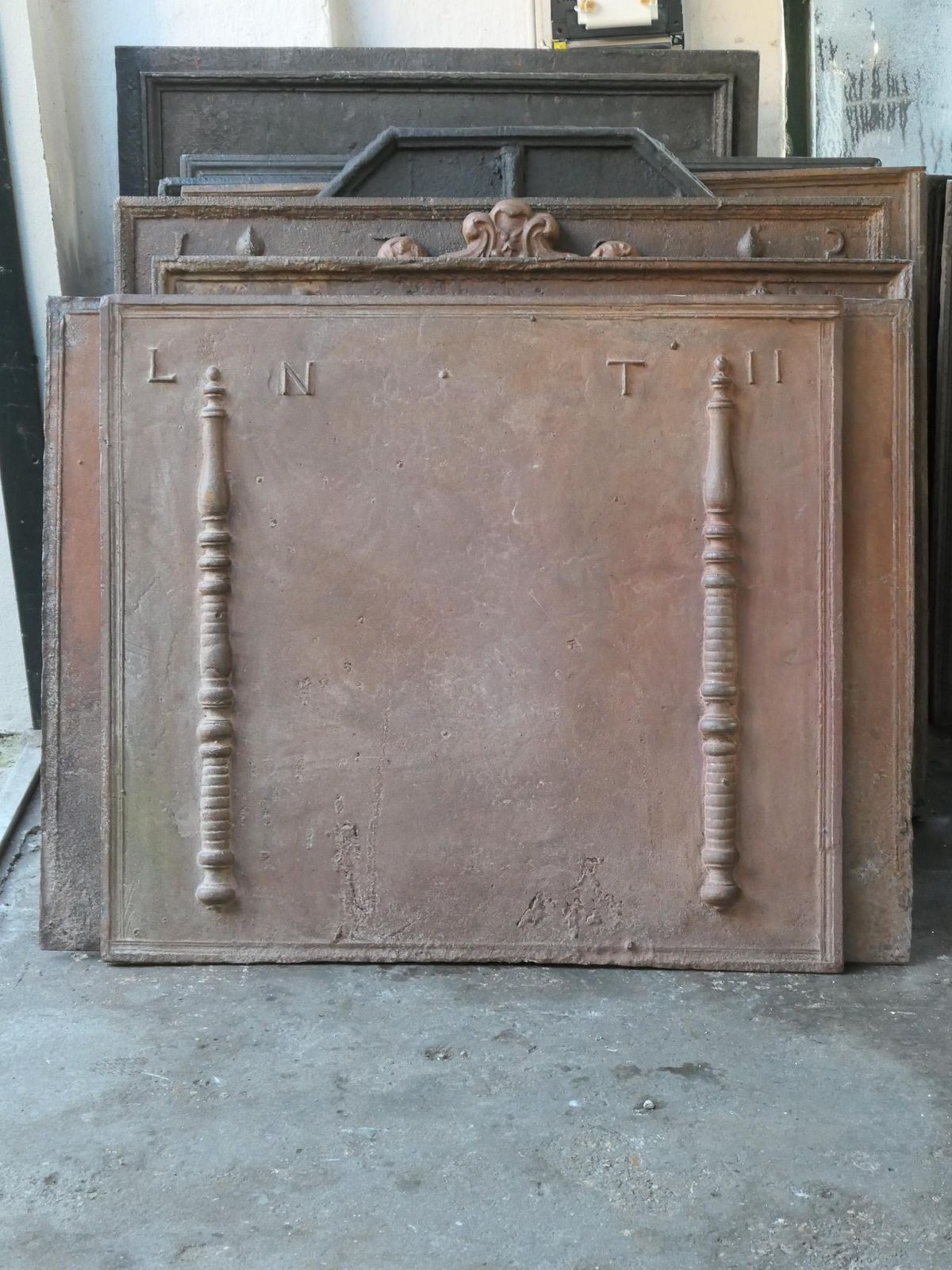 Antique French Fireback / Backsplash With Pillars Of Hercules, 18th Century photo for sale
