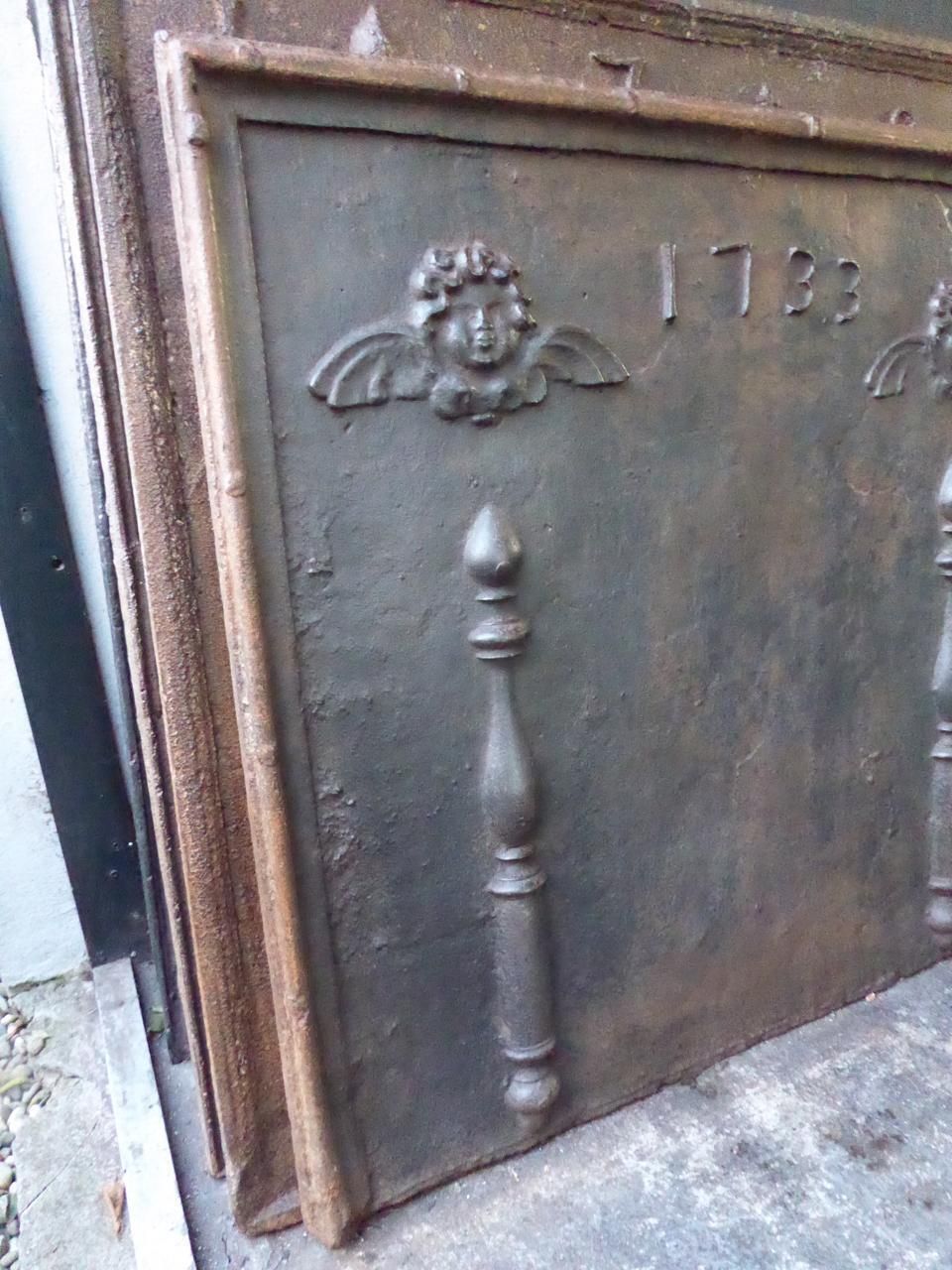 Large Fireback / Backsplash With Pillars Of Hercules With Angels, Dated 1733 photo for sale