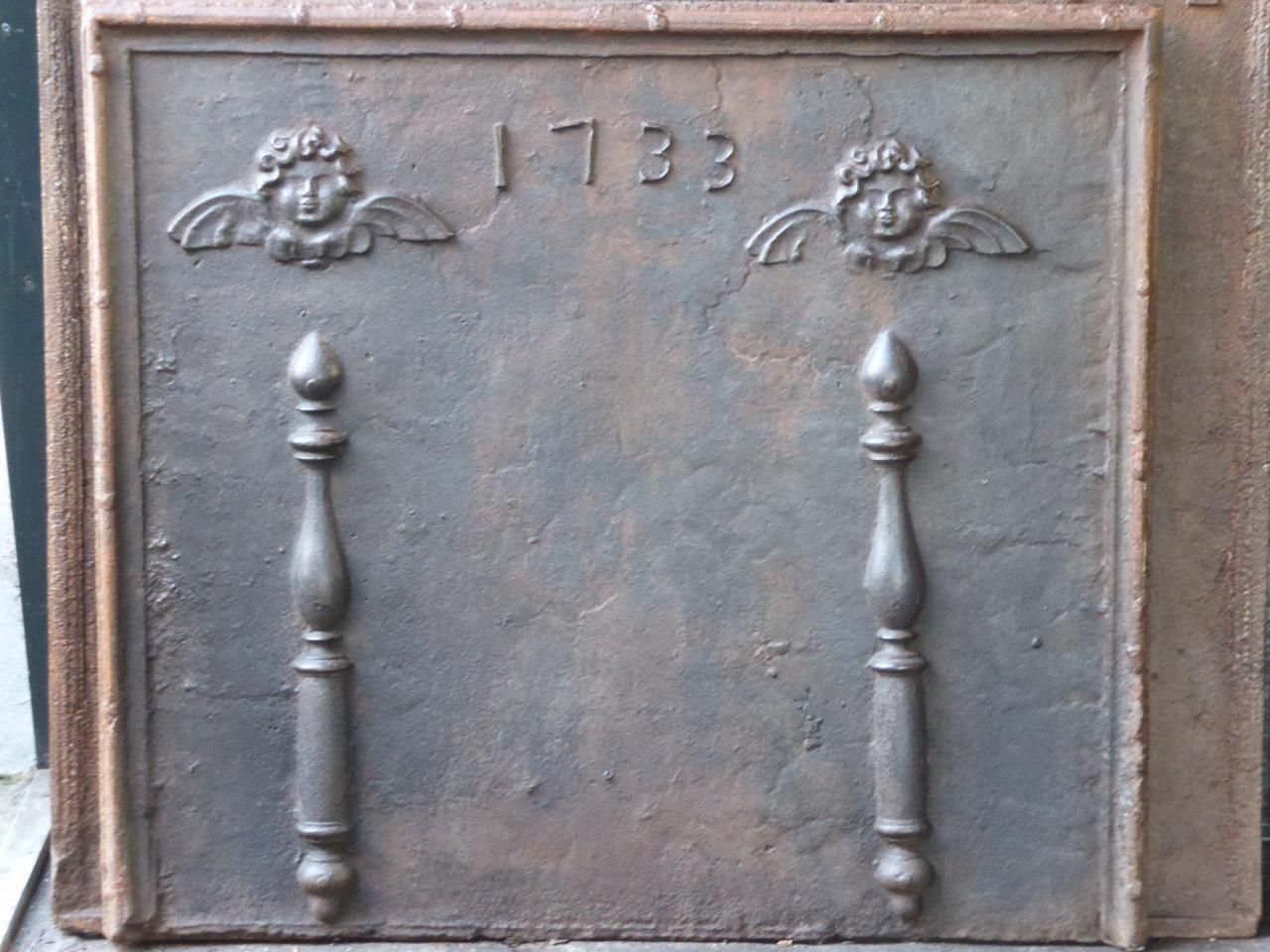 Large Fireback / Backsplash With Pillars Of Hercules With Angels, Dated 1733 photo Home Fixtures