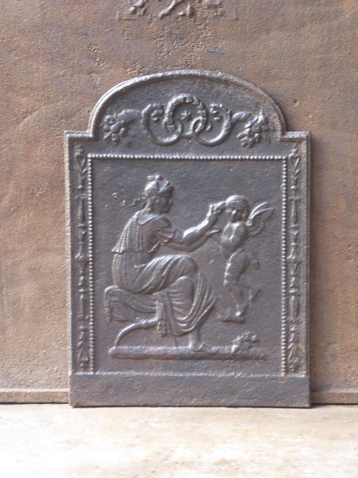 Antique French 'Woman With Cupid' Fireback / Backsplash, 18th 19th Century photo for sale