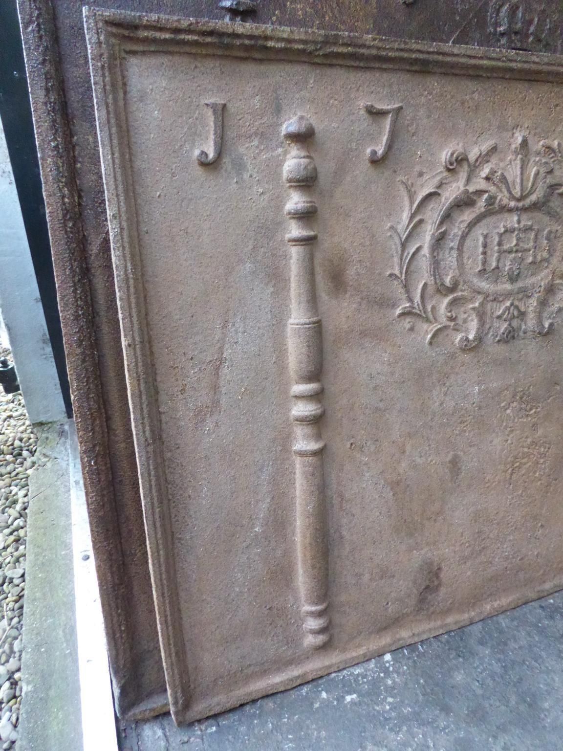 18th Century French Fireback / Backsplash 'Pillars With Medieval Ihs Monogram' photo vintage