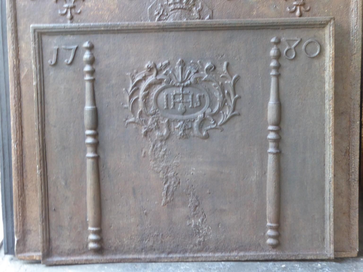 Large French Fireback  / Backsplash With Pillars And Ihs Monogram, Dated 1780 photo furniture
