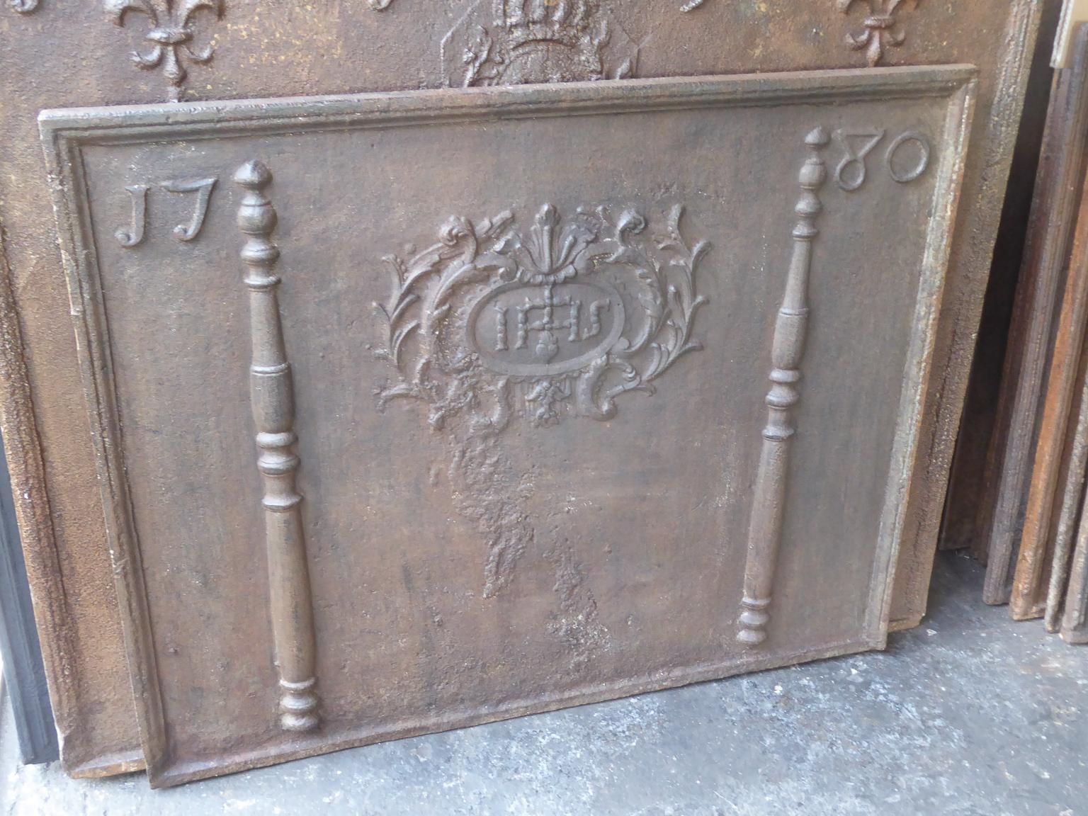 Large French Fireback  / Backsplash With Pillars And Ihs Monogram, Dated 1780 photo for sale