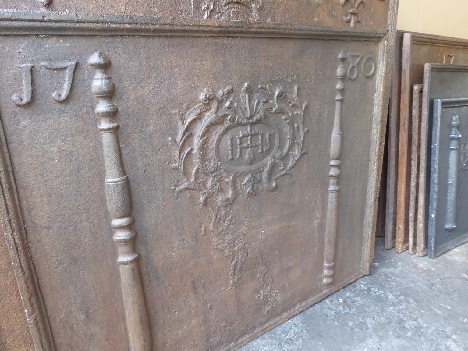 Large French Fireback  / Backsplash With Pillars And Ihs Monogram, Dated 1780 photo buy