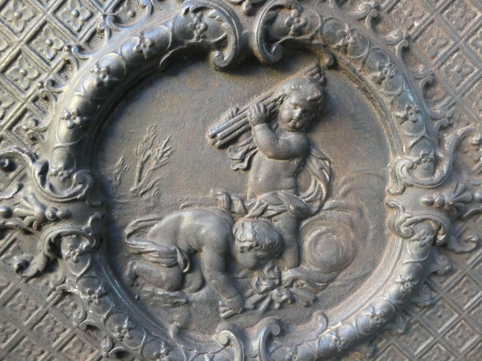 French Early 20th Century Louis XV Style 'Cupids' Fireback / Backsplash. photo vintage