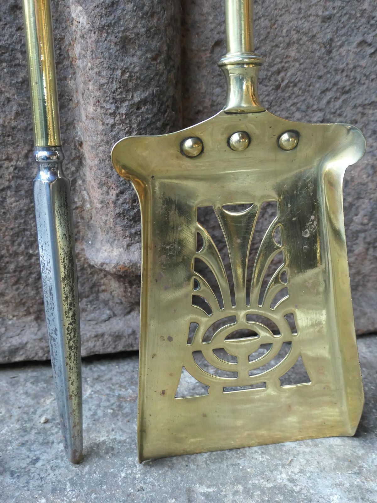 Home Fixtures Antique English Polished Brass Victorian Style Fireplace Set, 19/20th C photo
