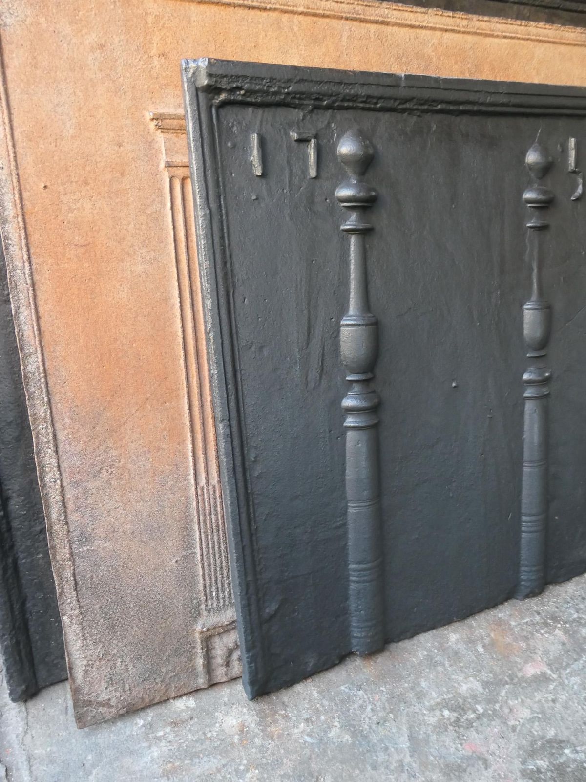 photo buy 18th Century French Fireback / Backsplash With Pillars Of Hercules, Dated 1755