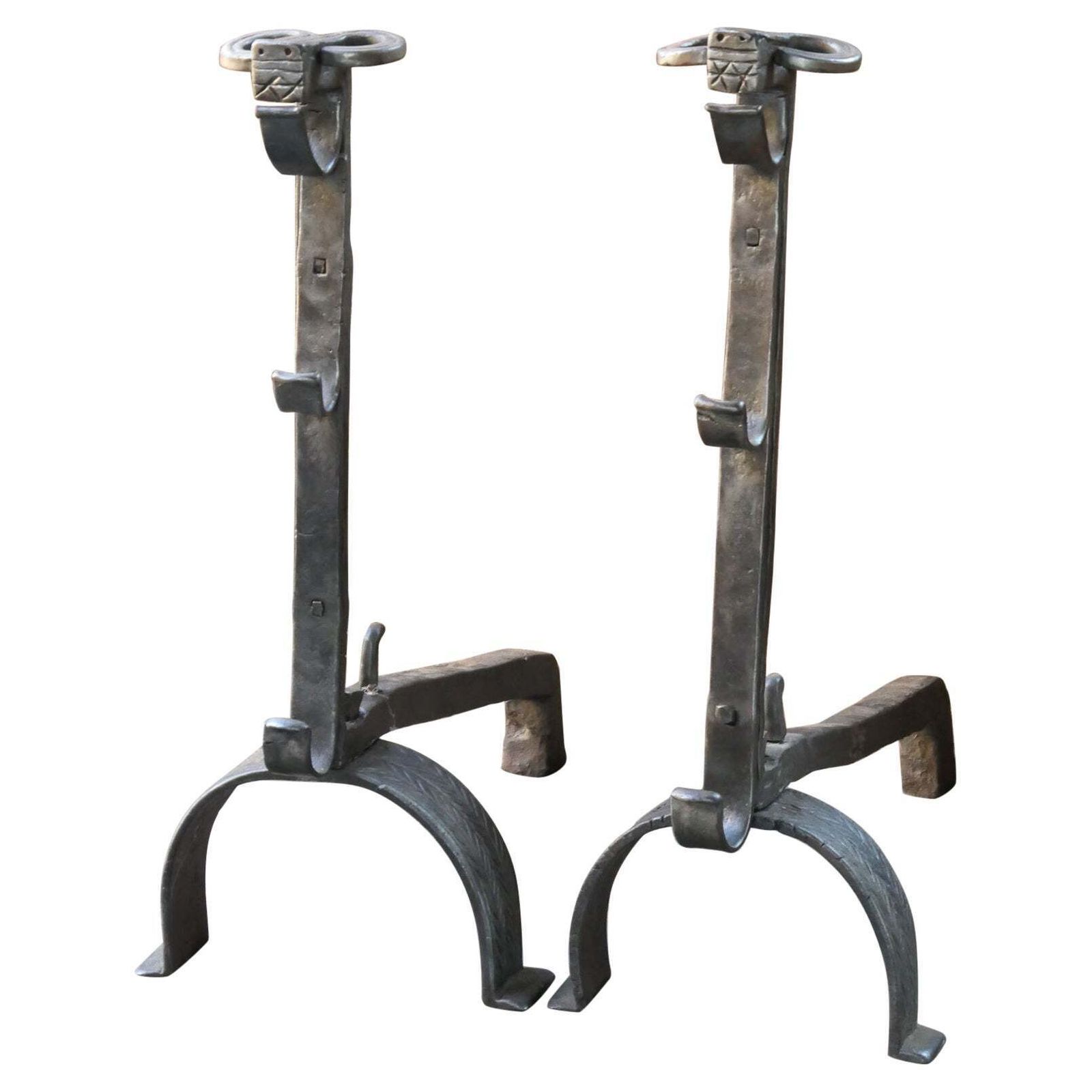Large French Gothic 'Bull's Head' Andirons Or Firedogs, 17th Century