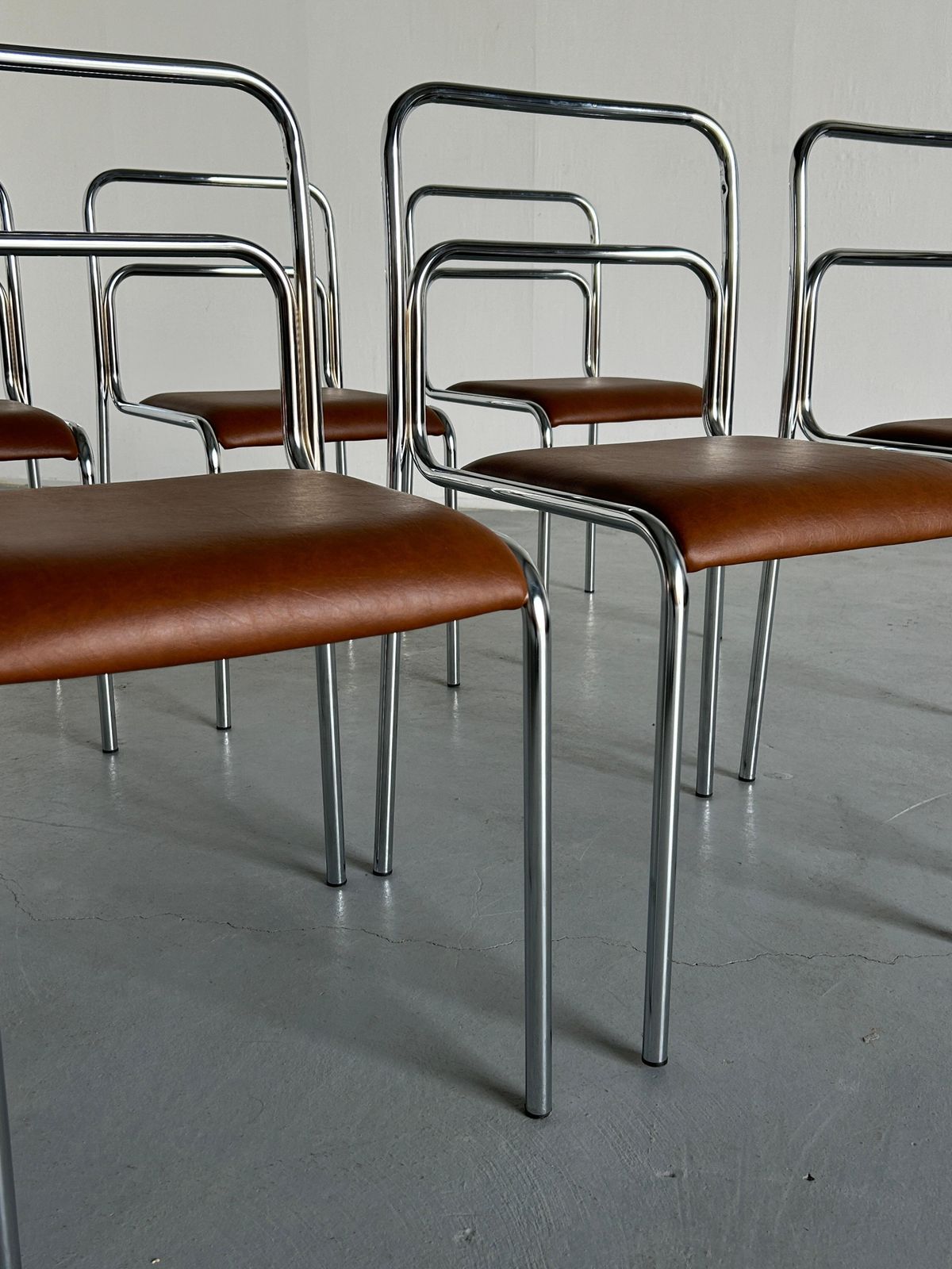 photo furniture Bauhaus Design Chrome Tubular Steel And Brown Faux Leather Dining Chairs, 1980s