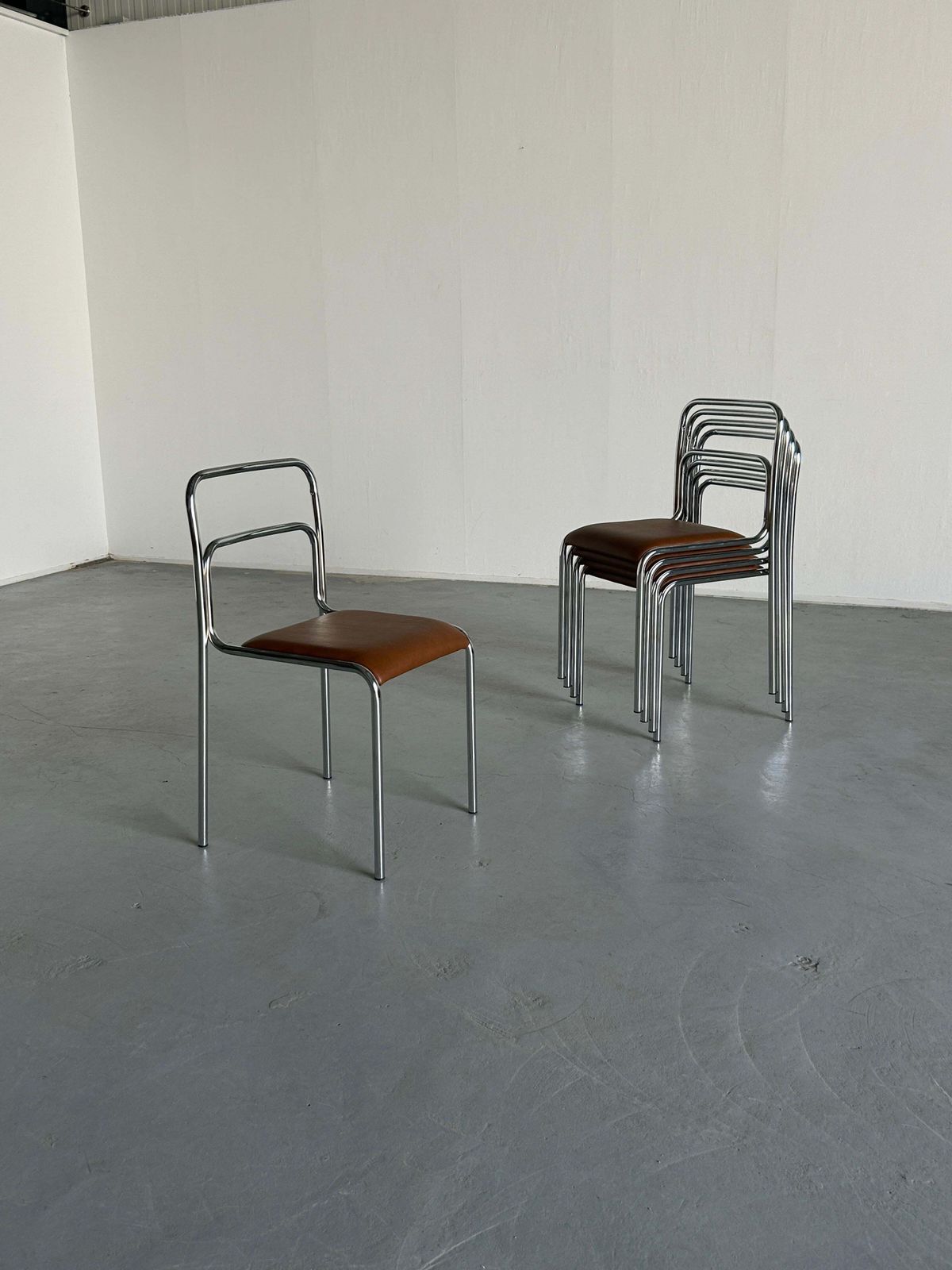 Furniture Bauhaus Design Chrome Tubular Steel And Brown Faux Leather Dining Chairs, 1980s photo