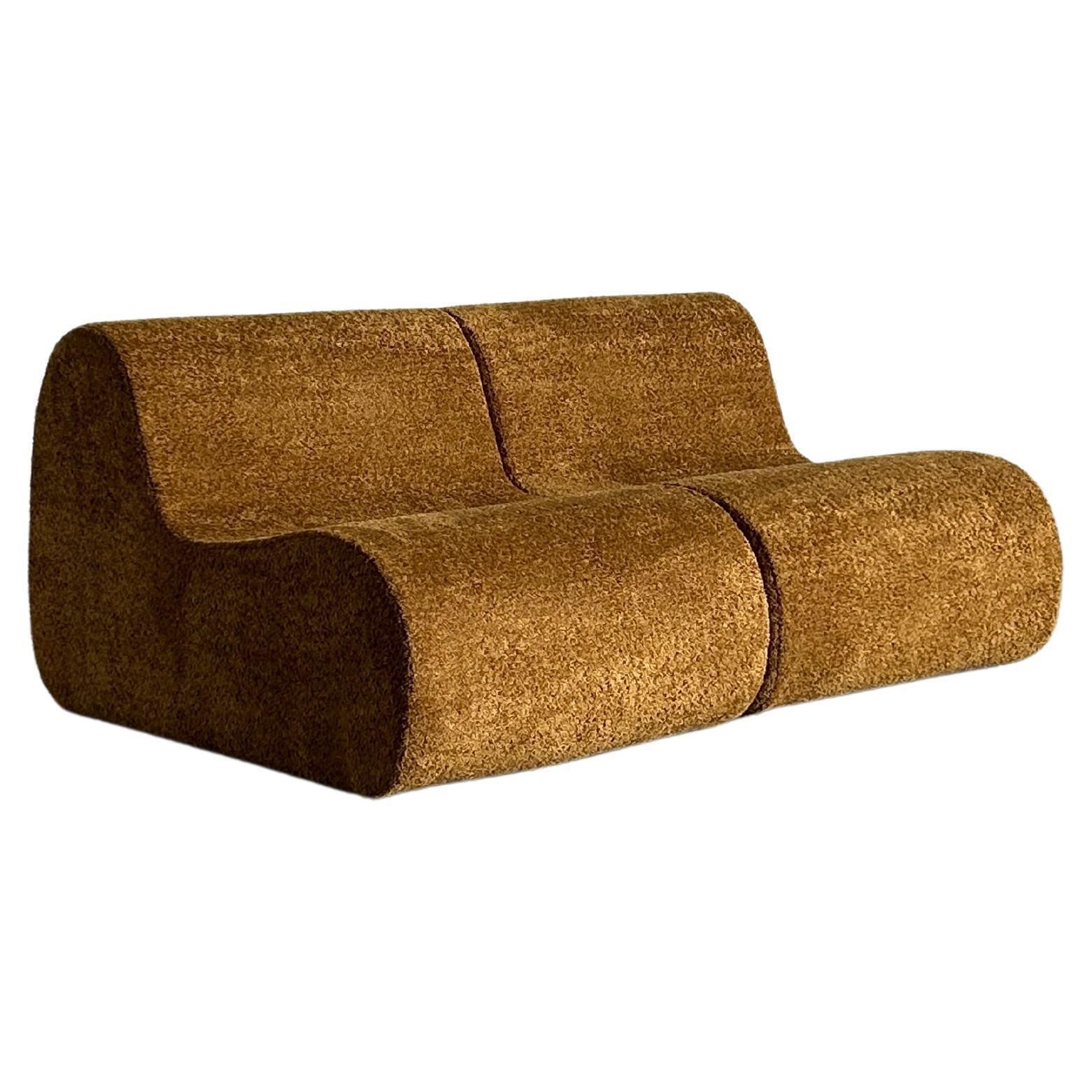 Pair Of Italian Mid Century Modern Lounge Chairs In Ochre Boucle, 1970s Italy