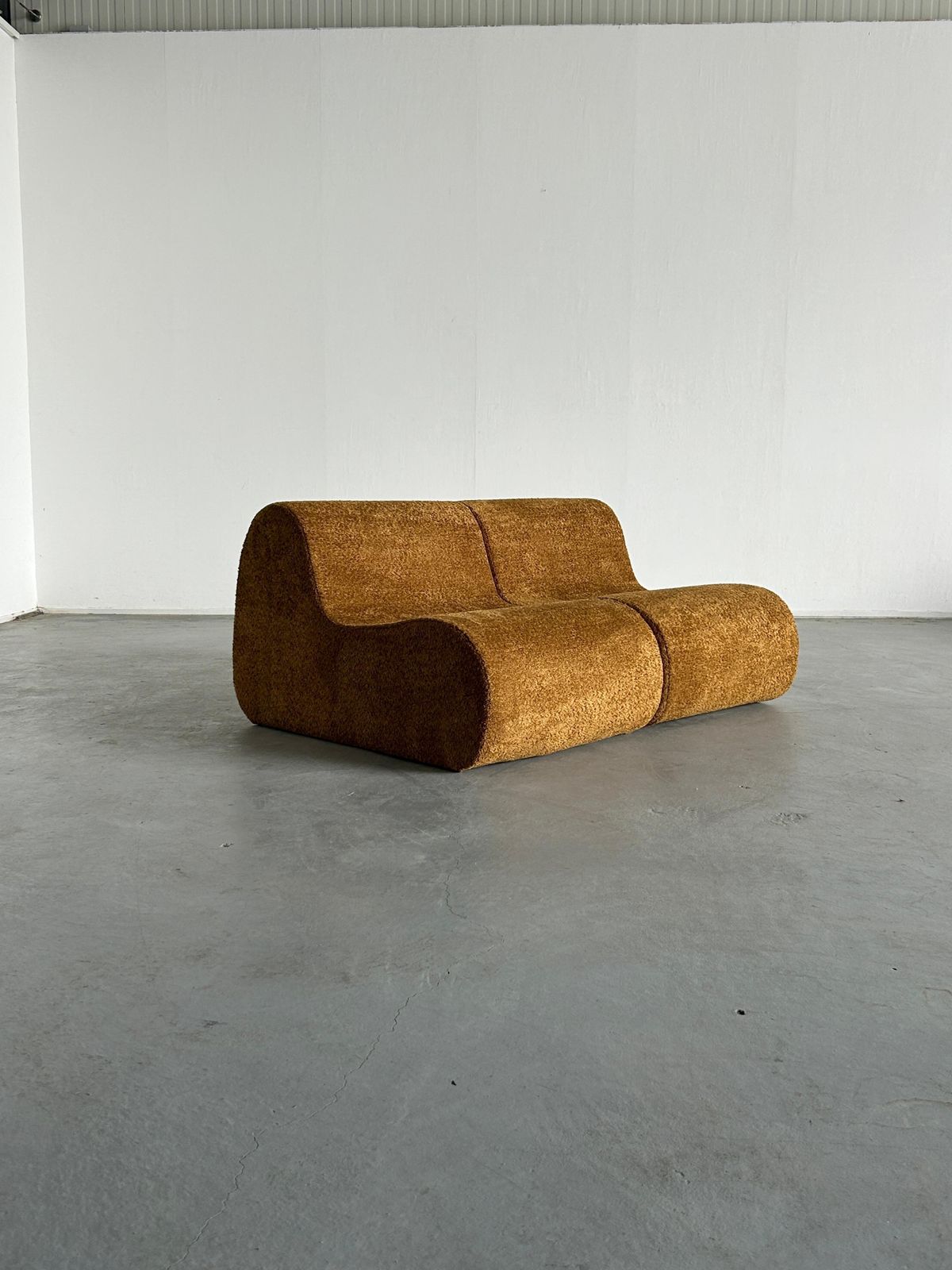 Pair Of Italian Mid Century Modern Lounge Chairs In Ochre Boucle, 1970s Italy photo for sale