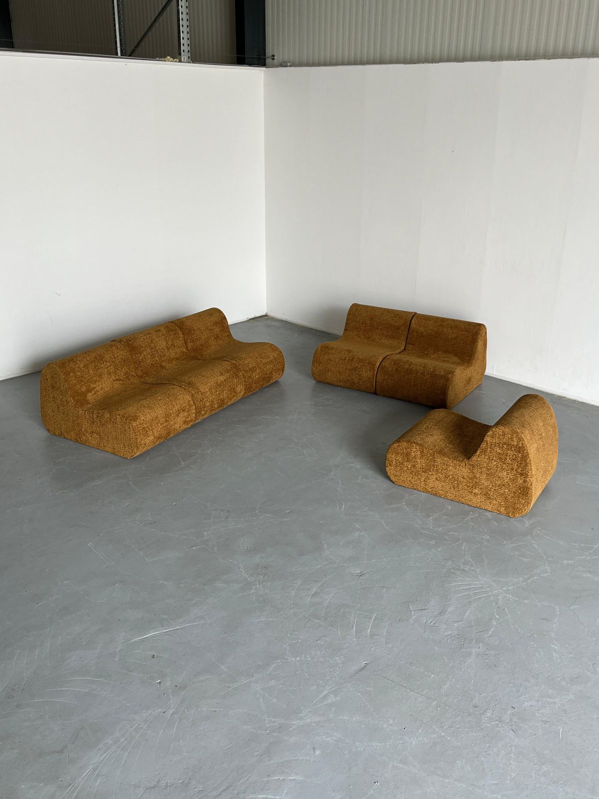 Italian Mid Century Modular Sofa Or Seating Set In Ochre Boucle, 1970s Italy photo for sale
