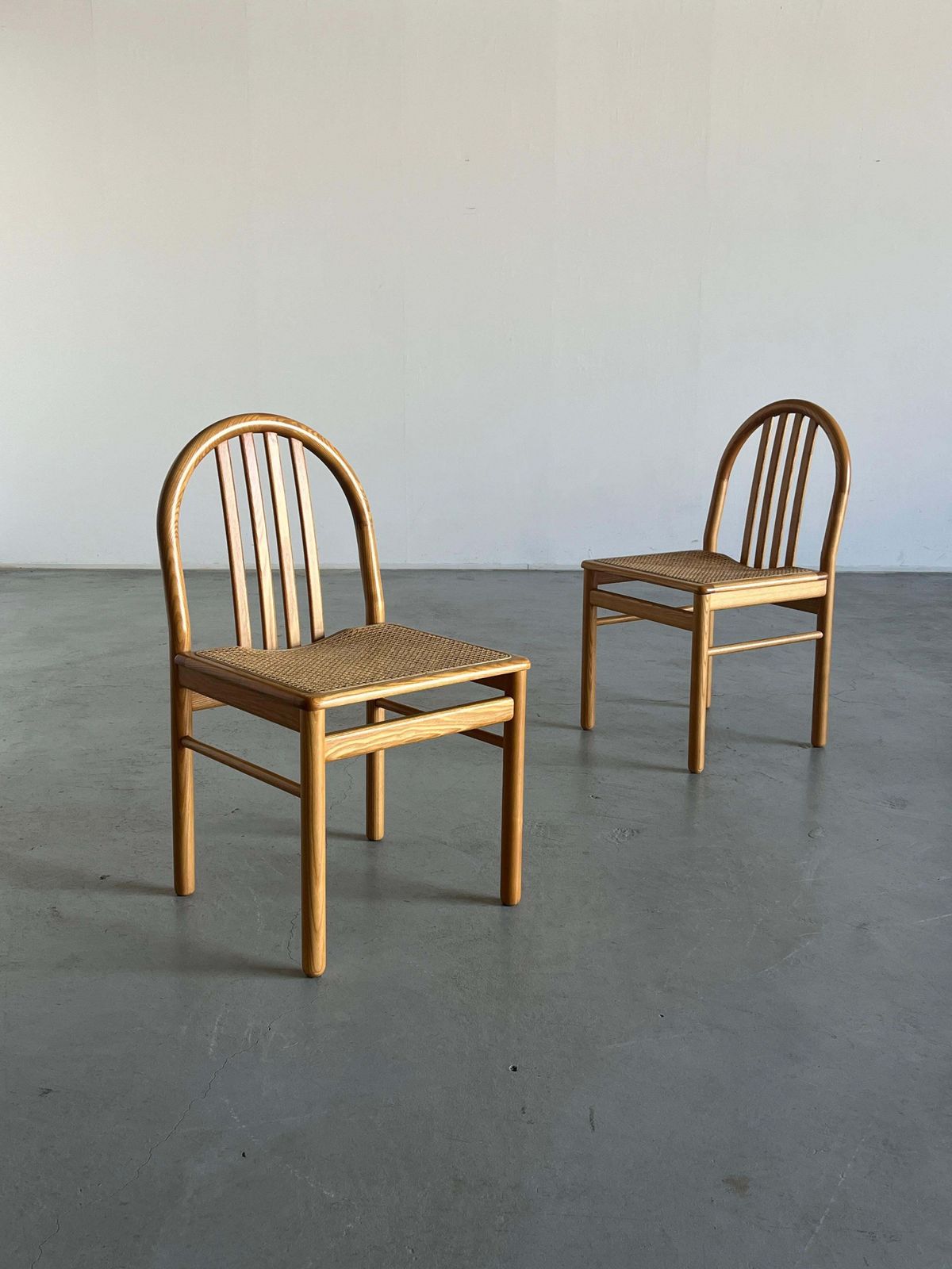 Pair Of Vintage Mid Century Dining Chairs In Lacquered Wood And Cane, Italy 80s photo furniture