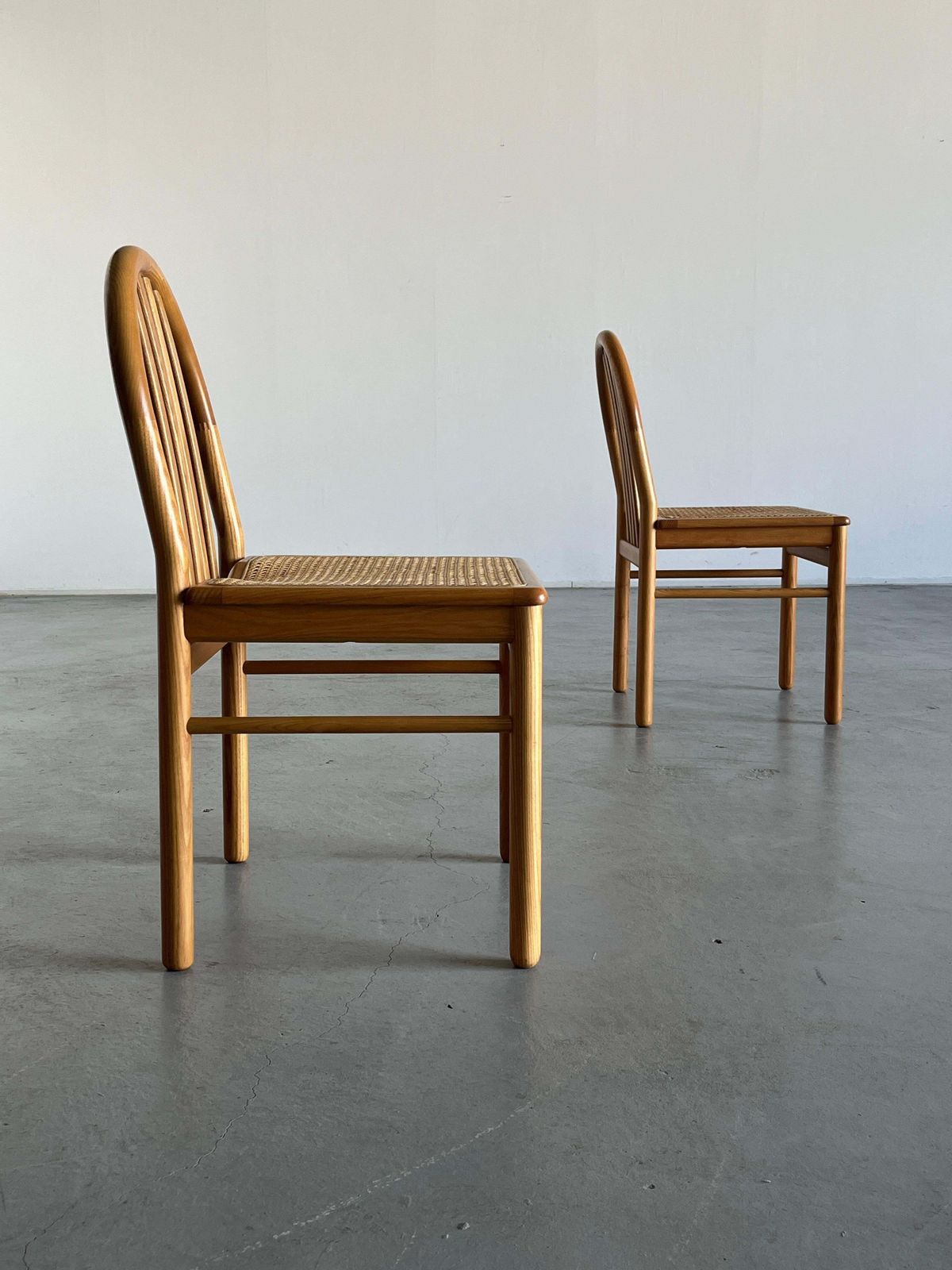 Pair Of Vintage Mid Century Dining Chairs In Lacquered Wood And Cane, Italy 80s photo vinterior